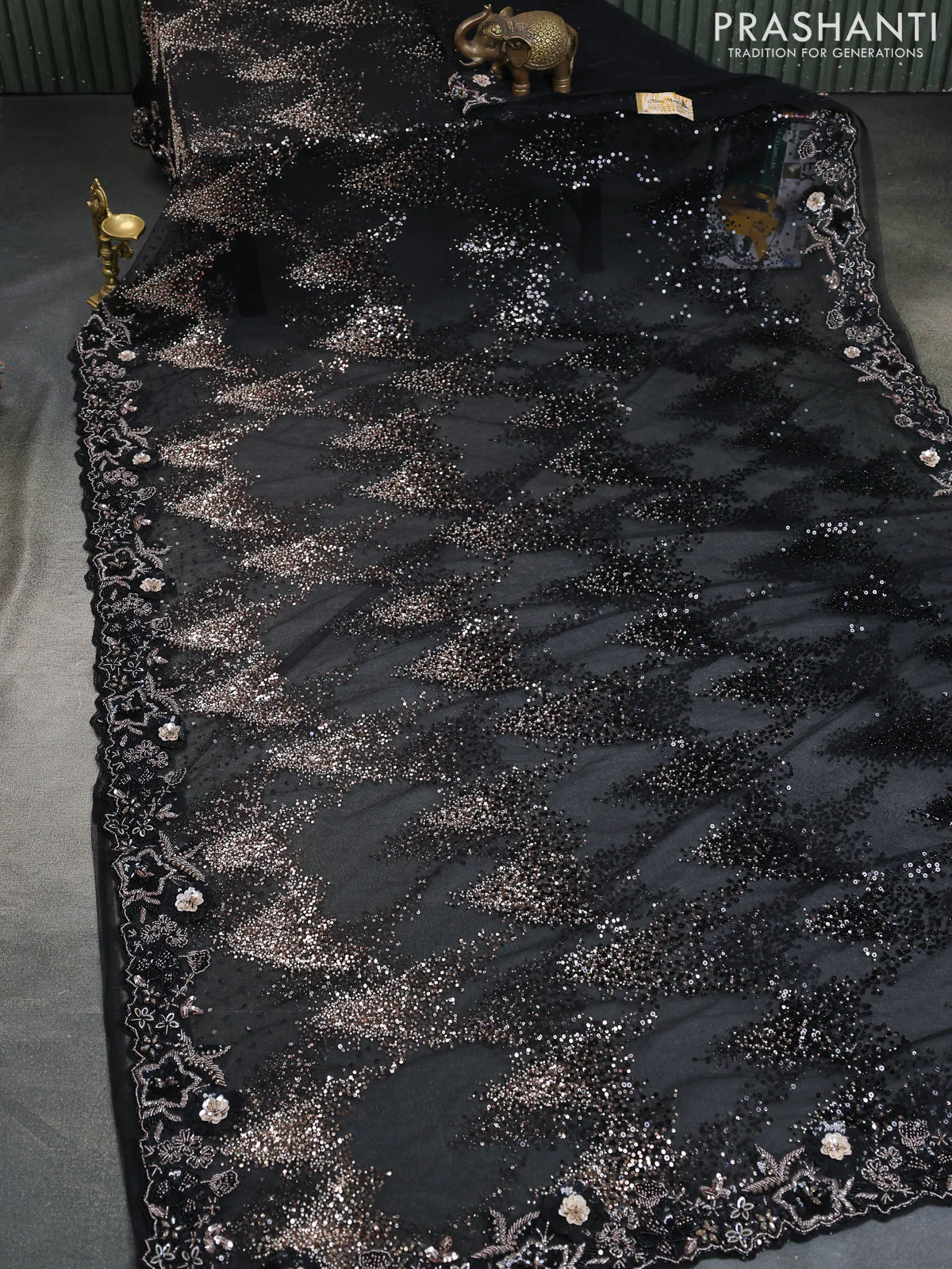 Black Sequin Embroidered Netted Designer Saree - Image 7