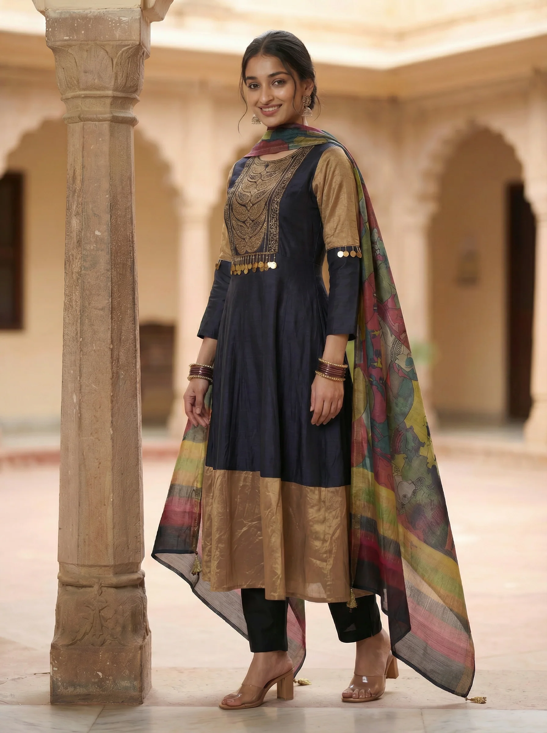 Black Tussar Anarkali Suit With Zardosi And Sequins Hand Embroidery