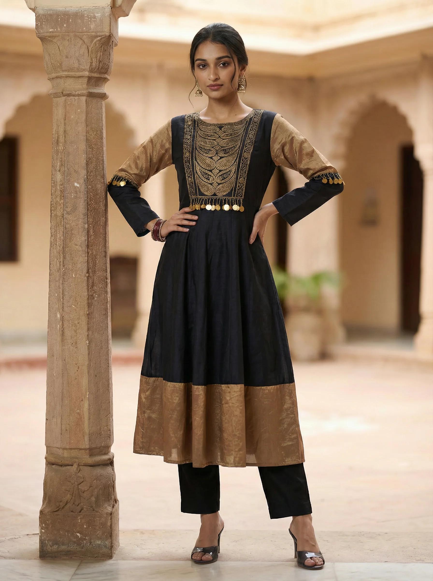 Black Tussar Anarkali Suit With Zardosi And Sequins Hand Embroidery - Image 2