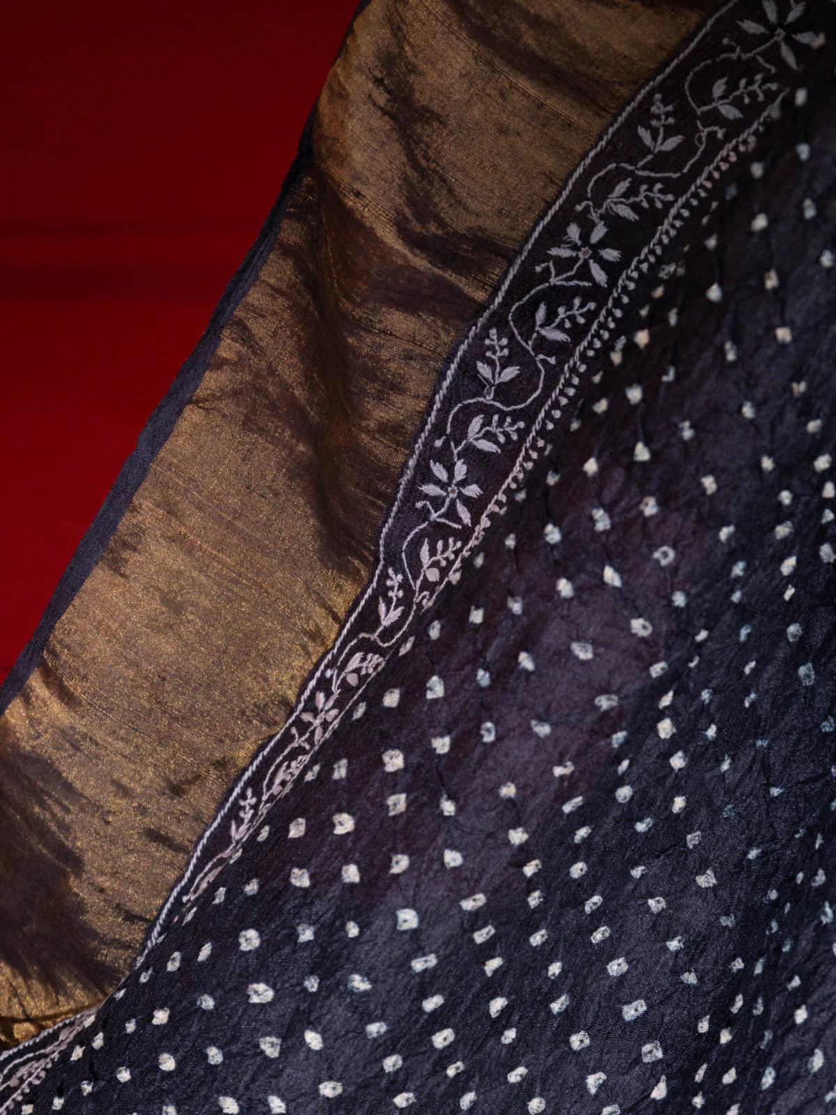 Black Tussar Silk Saree With Bandhej - Image 3