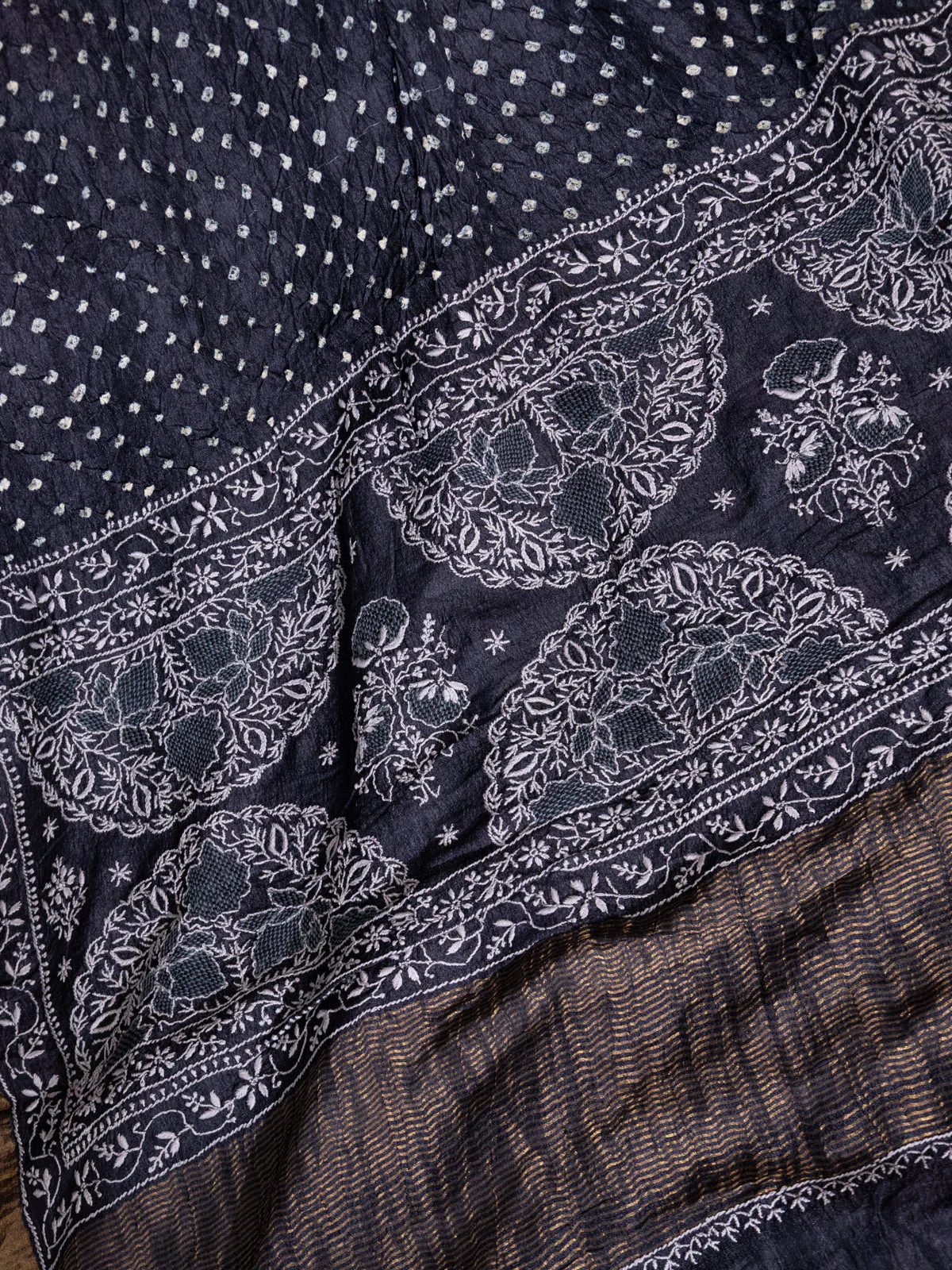 Black Tussar Silk Saree With Bandhej - Image 4