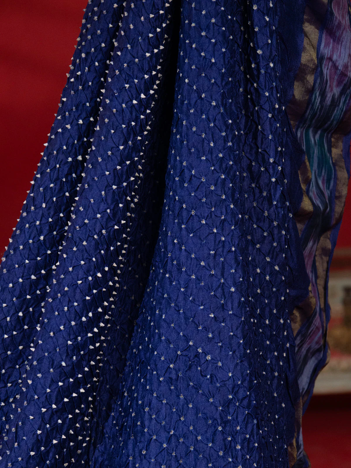 Blue Tussar Silk Saree With Bandhej And Kantha Work - Image 2