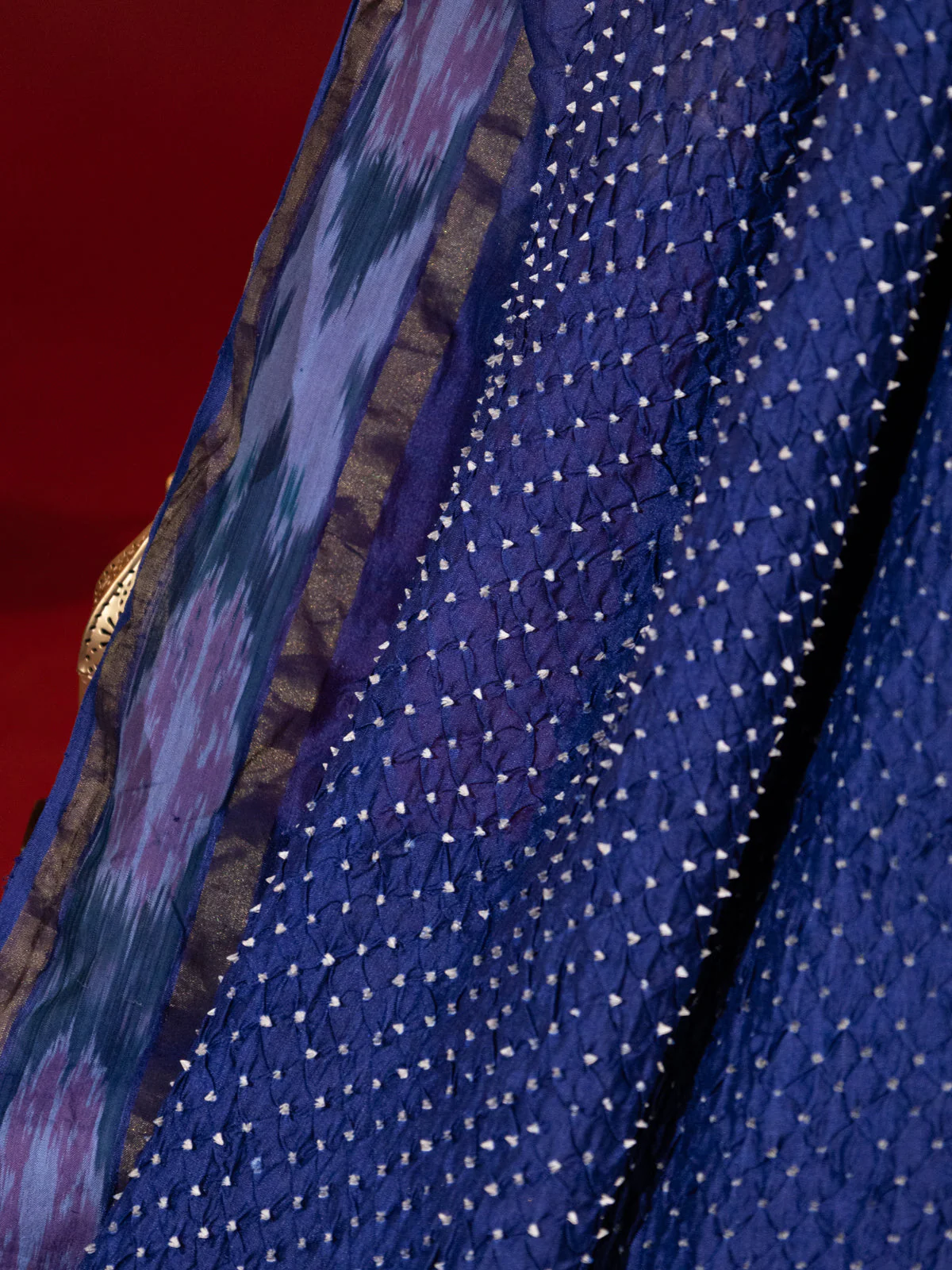 Blue Tussar Silk Saree With Bandhej And Kantha Work - Image 3