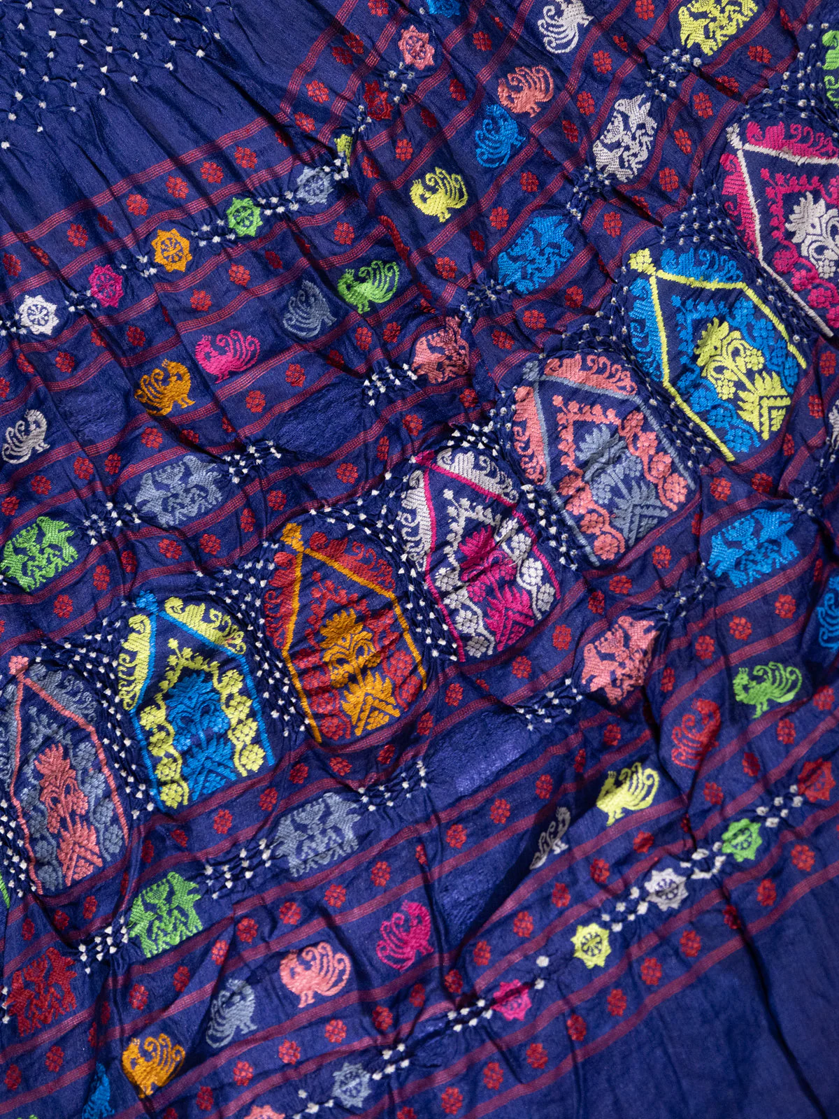 Blue Tussar Silk Saree With Bandhej And Kantha Work - Image 4