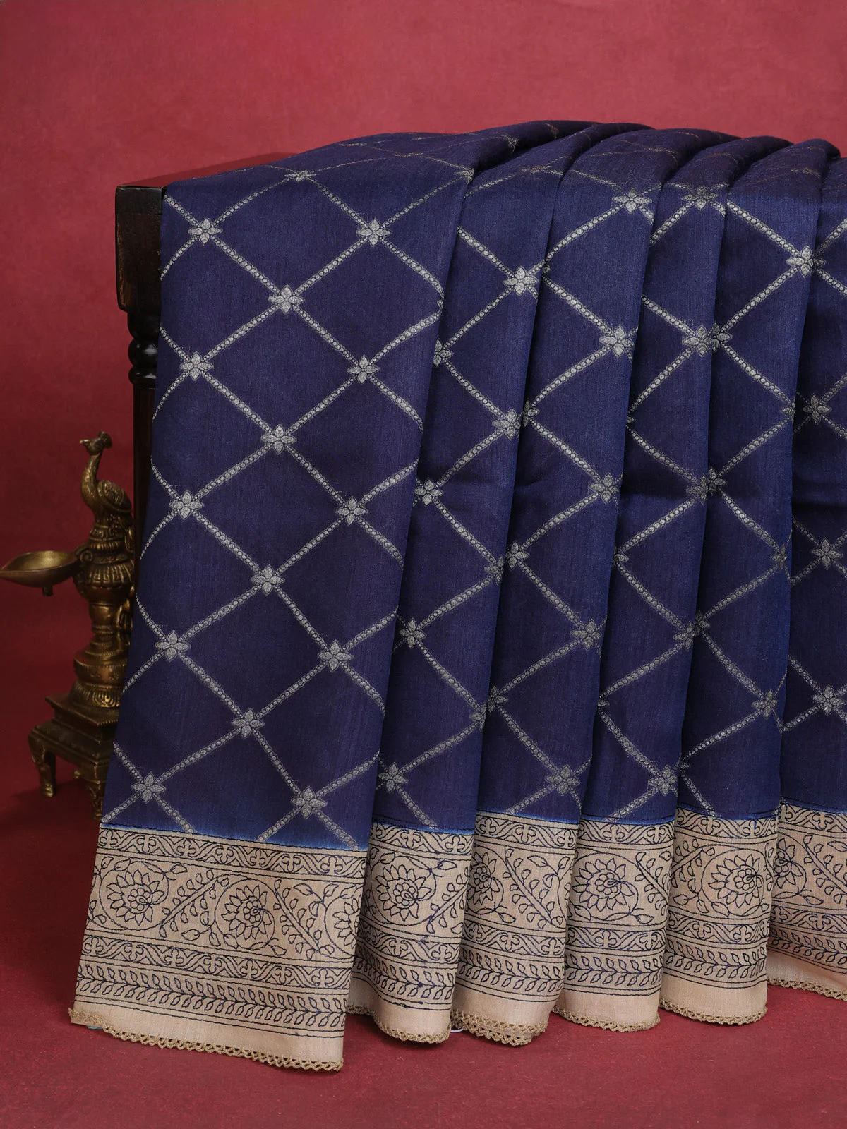 Blue-Beige Chiniya Silk Saree With Antique Zari Weaves & Embroided Border