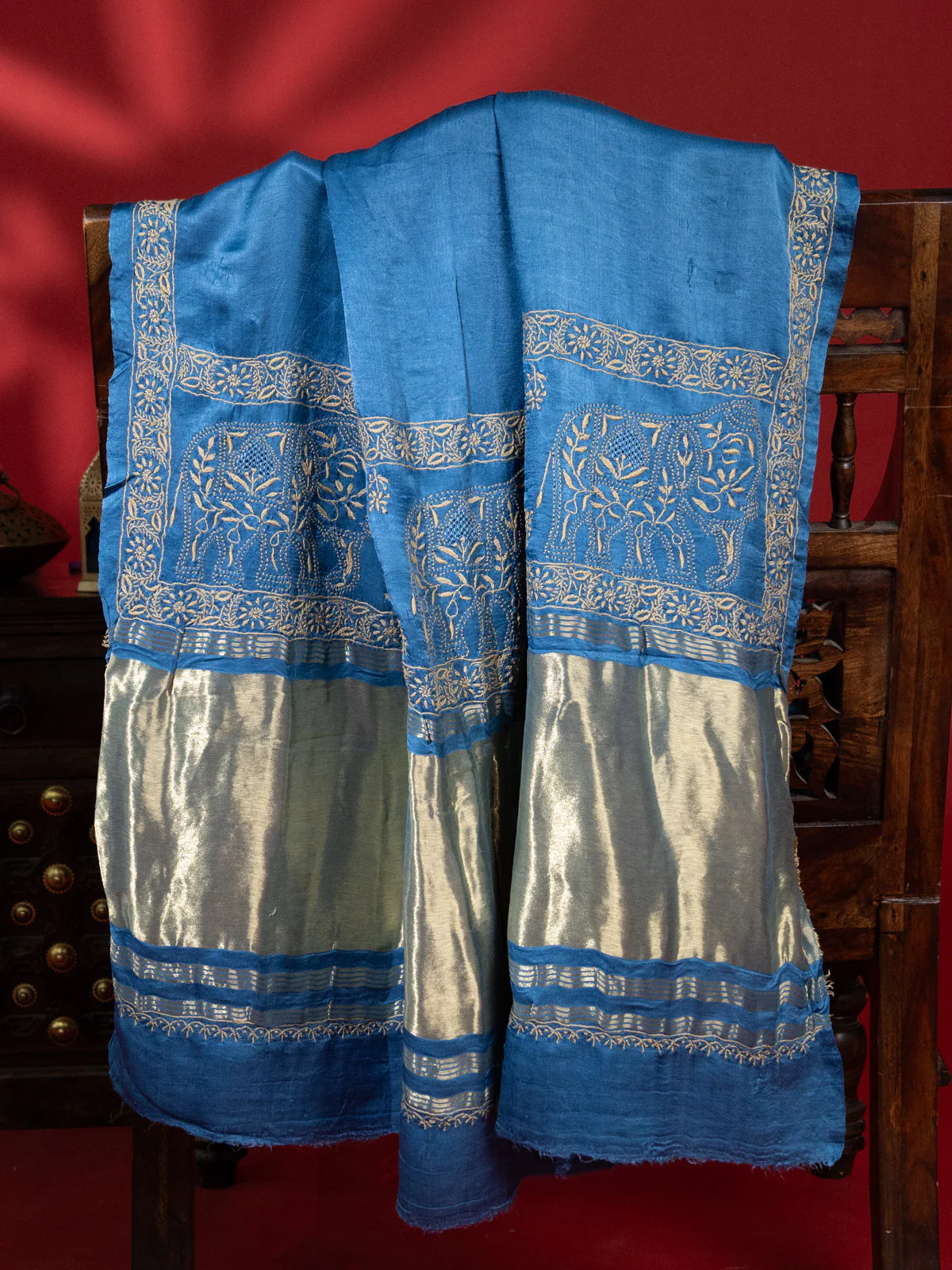Blue Gajji Silk With Tie & Dye Buttas And Kutch Embroidery - Image 3