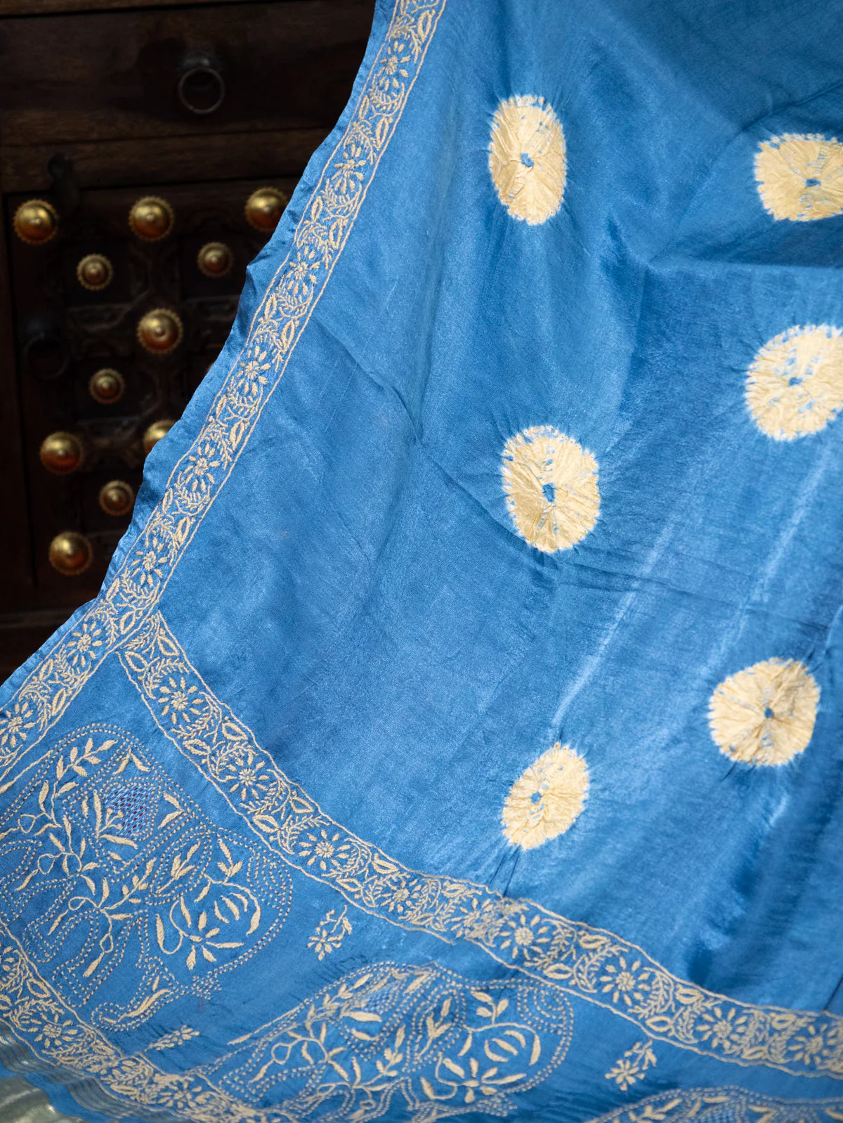 Blue Gajji Silk With Tie & Dye Buttas And Kutch Embroidery - Image 4