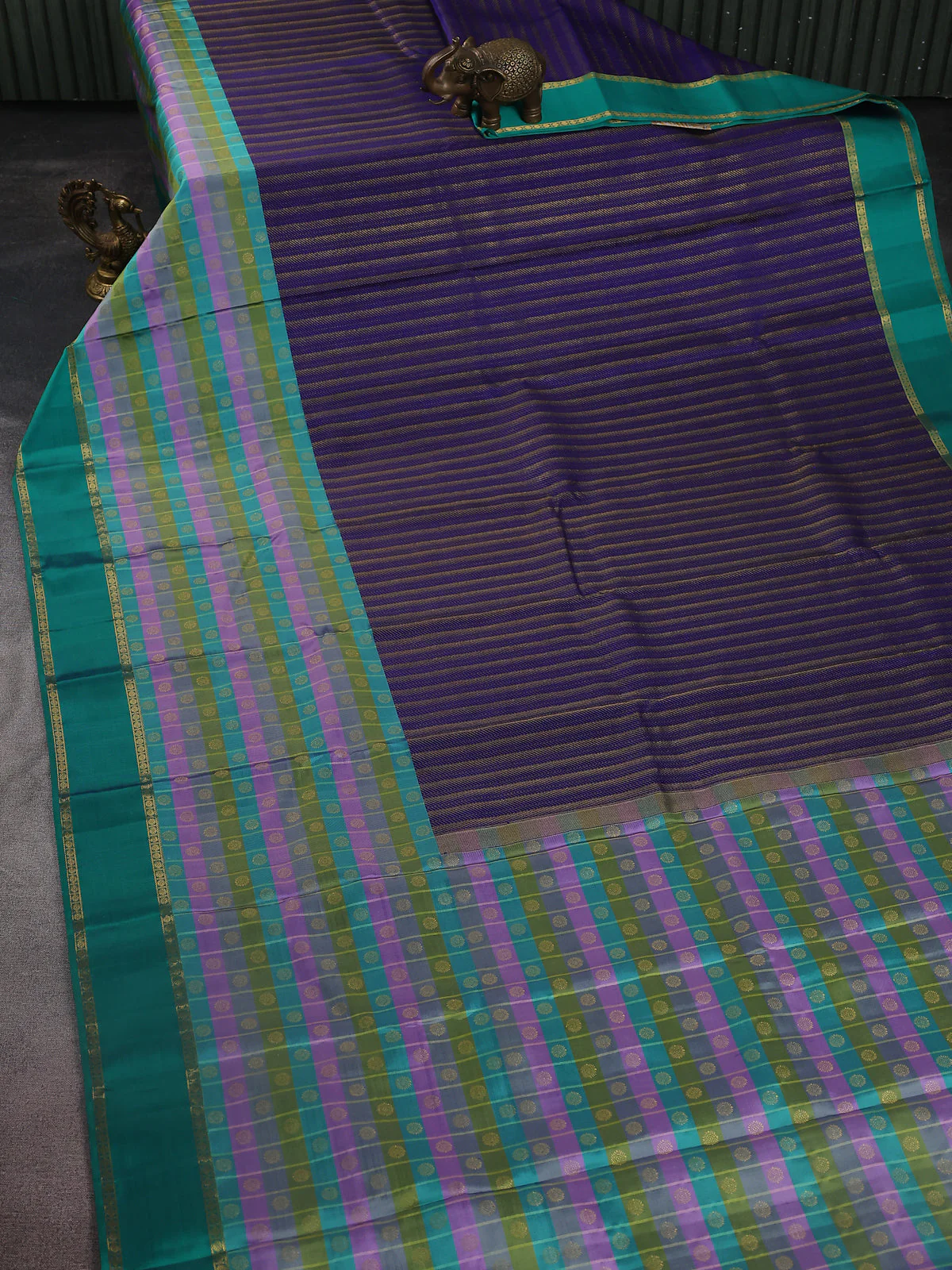 Blue-Green Pure Kanchipuram Silk Saree - Image 2