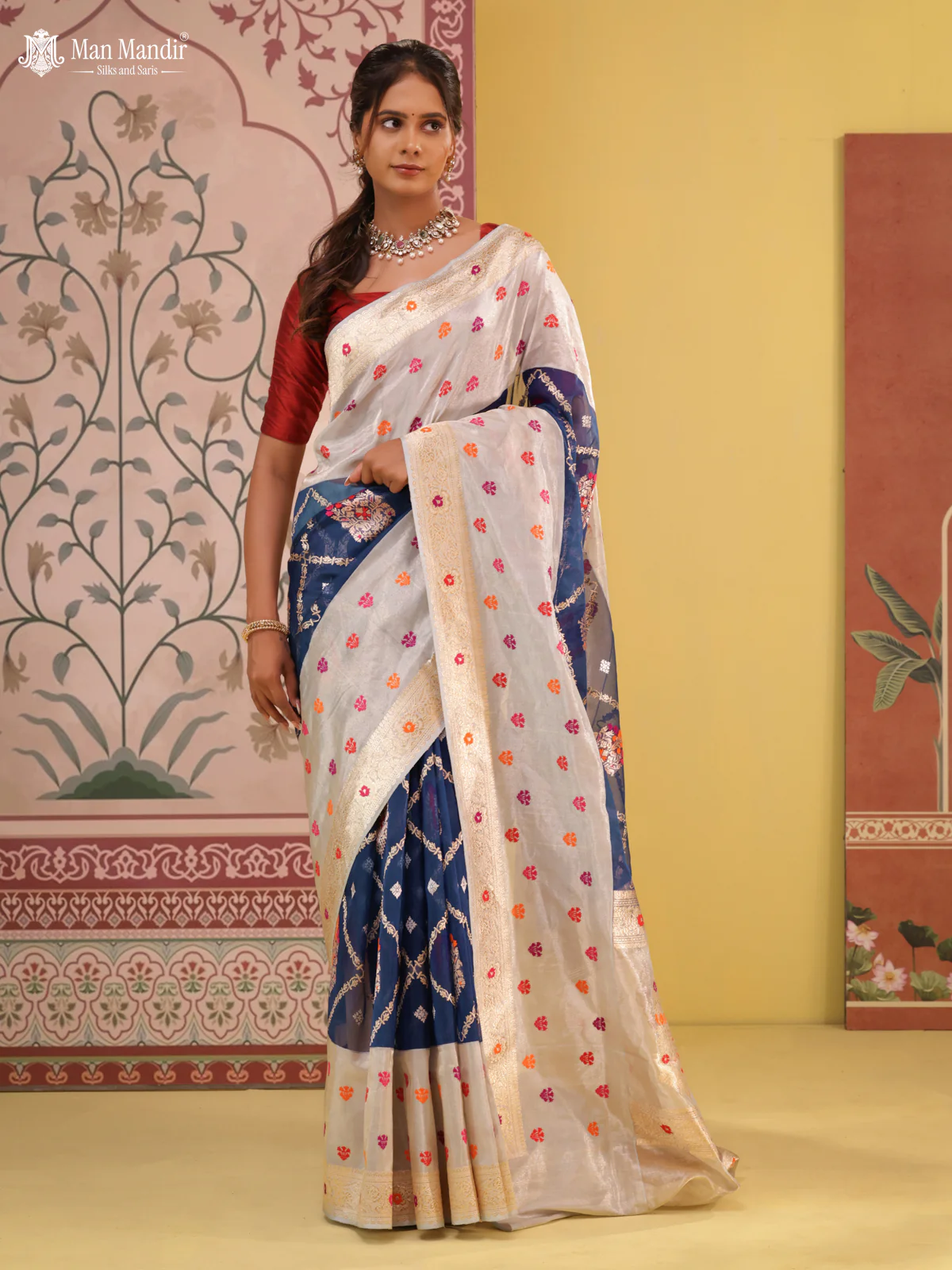 Blue-Grey Banarasi Kora Saree With Allover Zari Weaves & Tissue Border