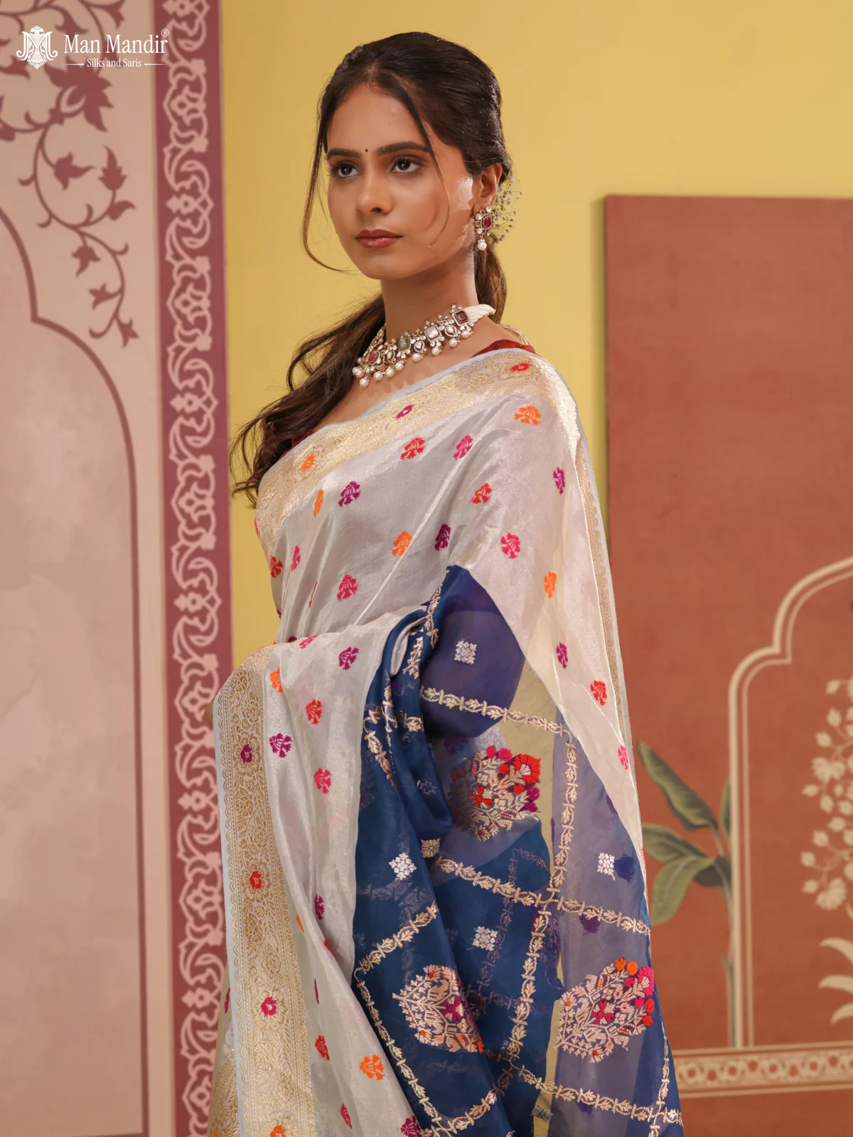 Blue-Grey Banarasi Kora Saree With Allover Zari Weaves & Tissue Border - Image 2
