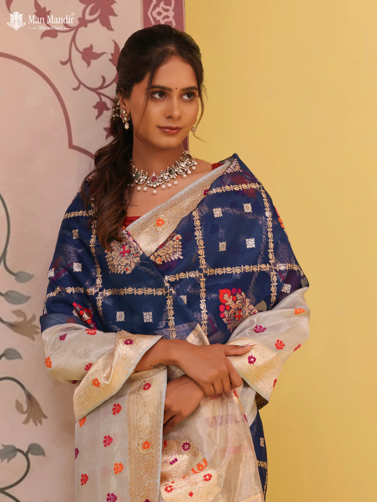 Blue-Grey Banarasi Kora Saree With Allover Zari Weaves & Tissue Border - Image 3