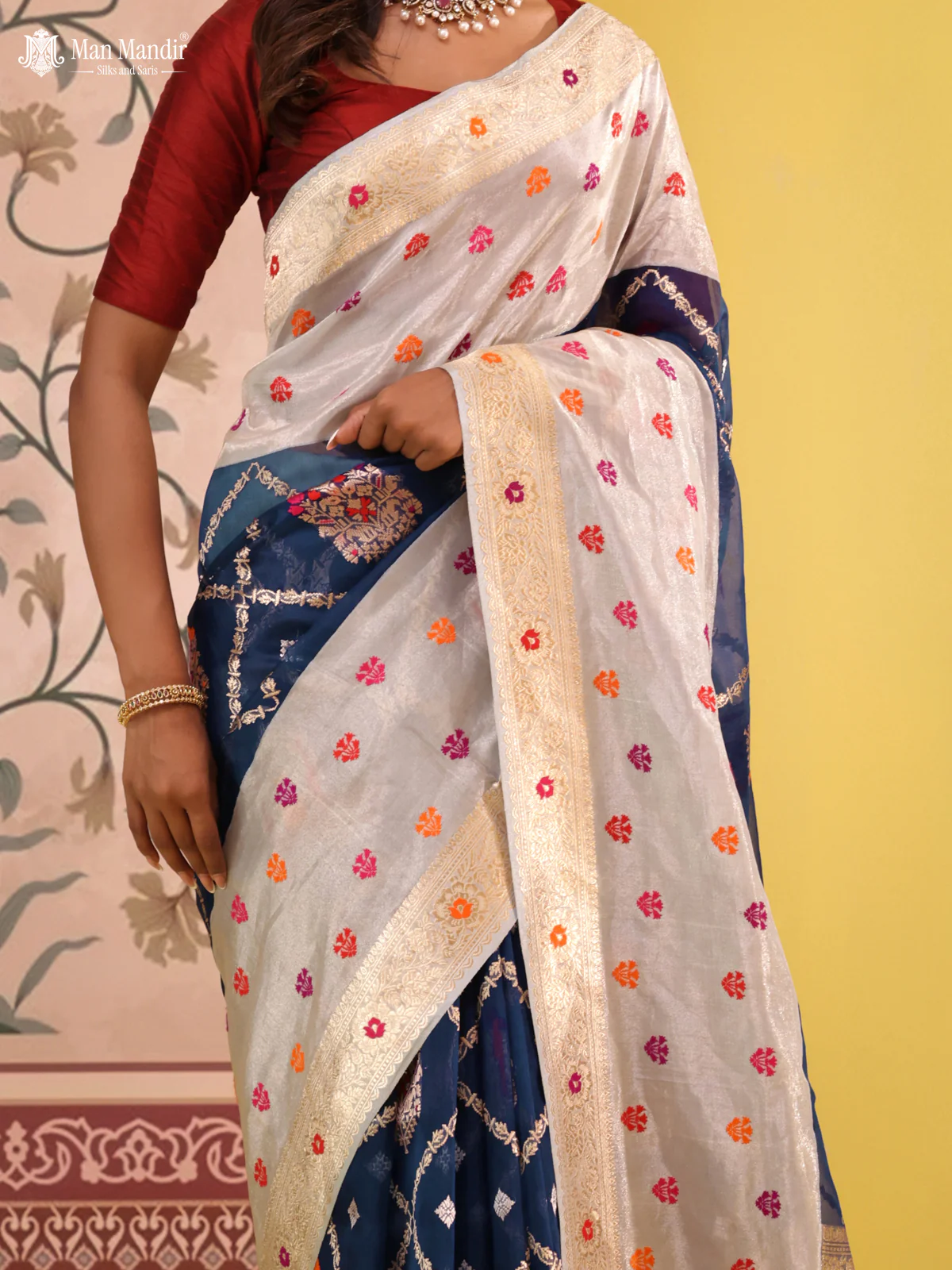 Blue-Grey Banarasi Kora Saree With Allover Zari Weaves & Tissue Border - Image 4