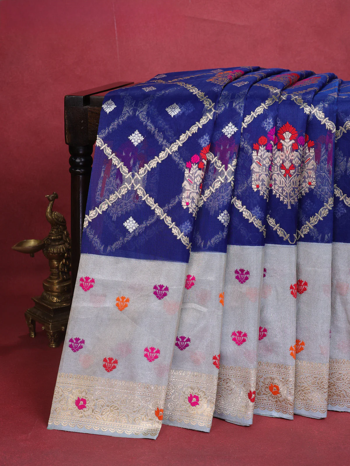 Blue-Grey Banarasi Kora Saree With Allover Zari Weaves & Tissue Border - Image 6