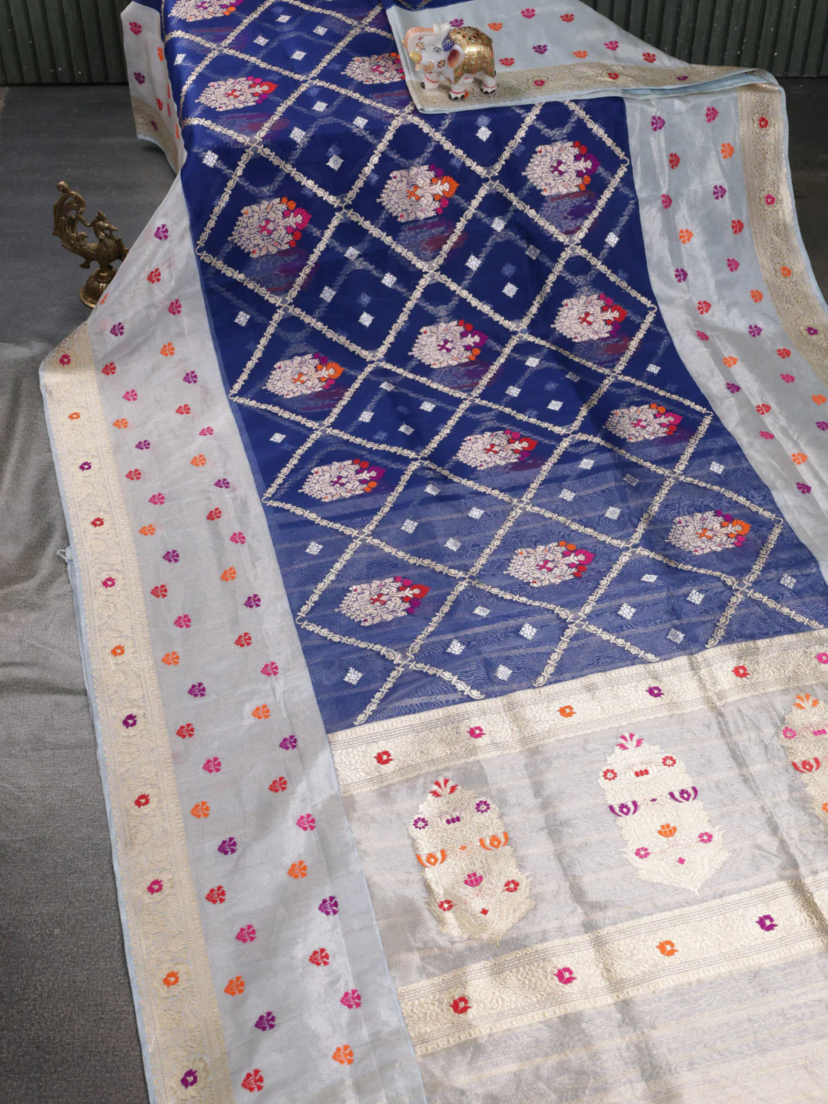 Blue-Grey Banarasi Kora Saree With Allover Zari Weaves & Tissue Border - Image 7