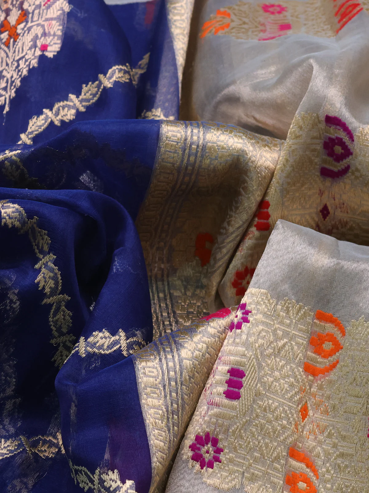Blue-Grey Banarasi Kora Saree With Allover Zari Weaves & Tissue Border - Image 8