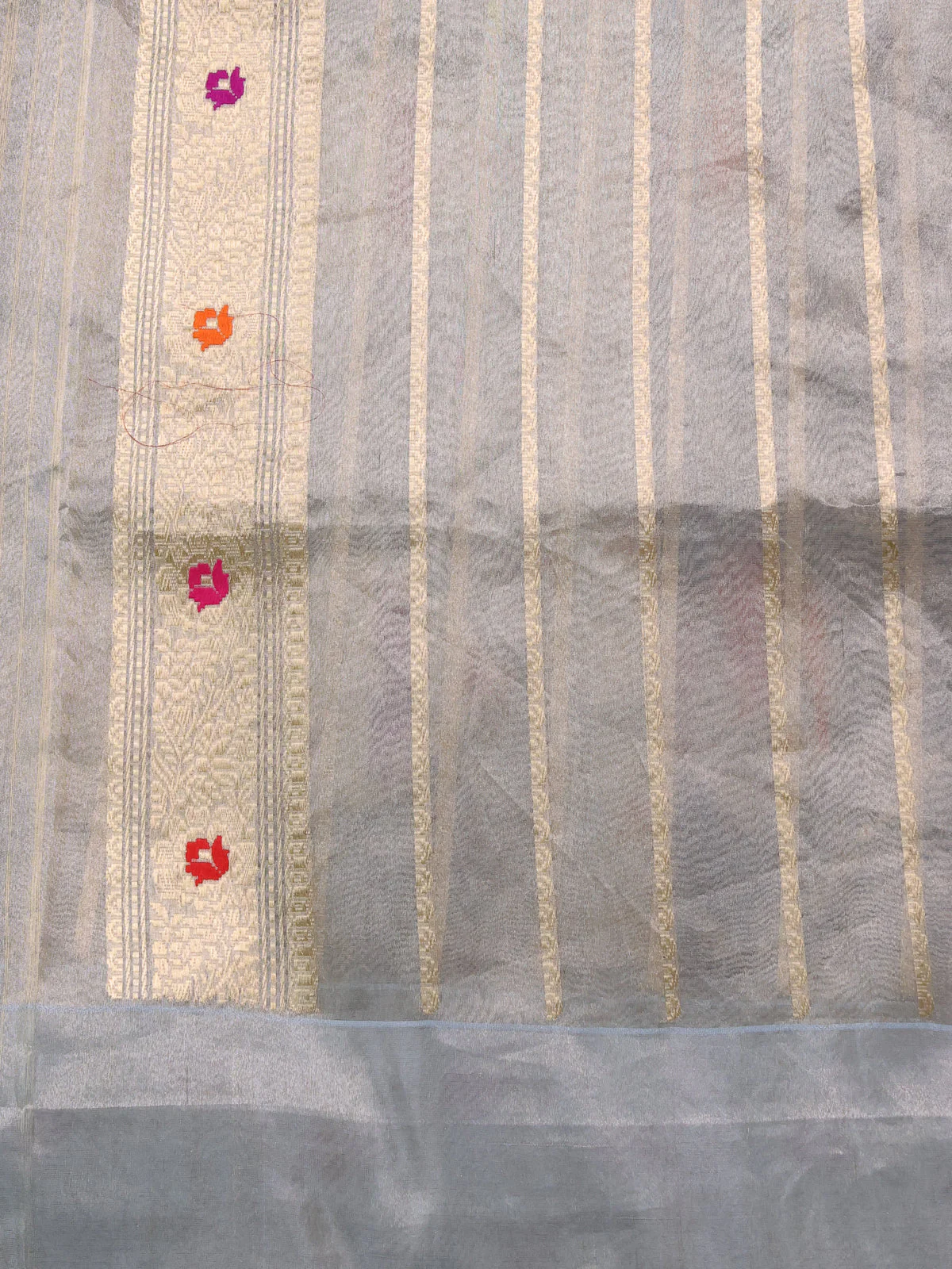 Blue-Grey Banarasi Kora Saree With Allover Zari Weaves & Tissue Border - Image 9