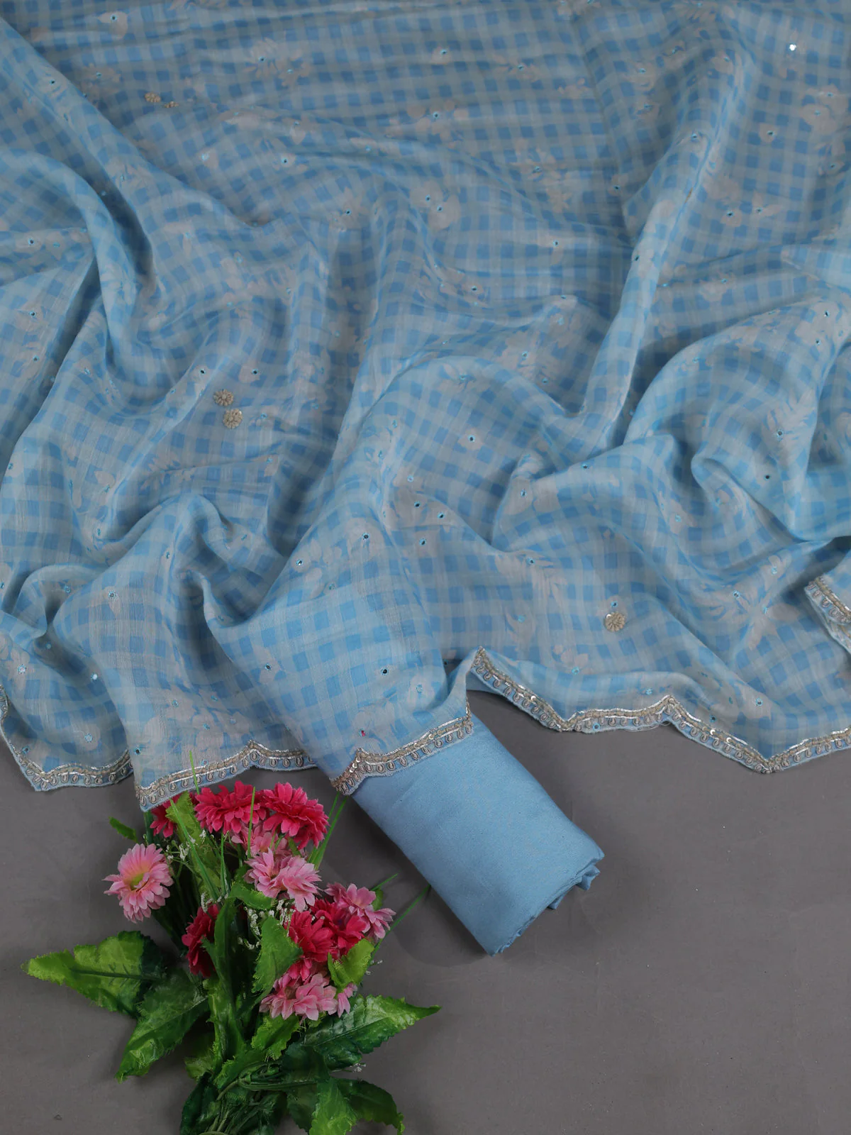 Blue Mul Chanderi Semi Stitched Suit - Image 2