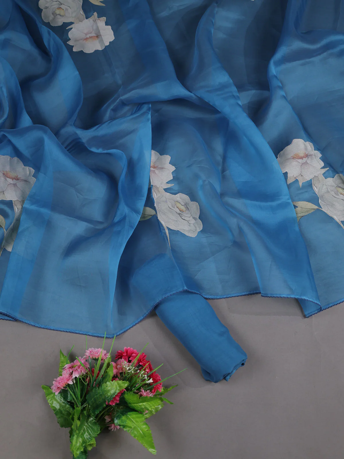 Blue Organza Semi Stitched Suit - Image 2