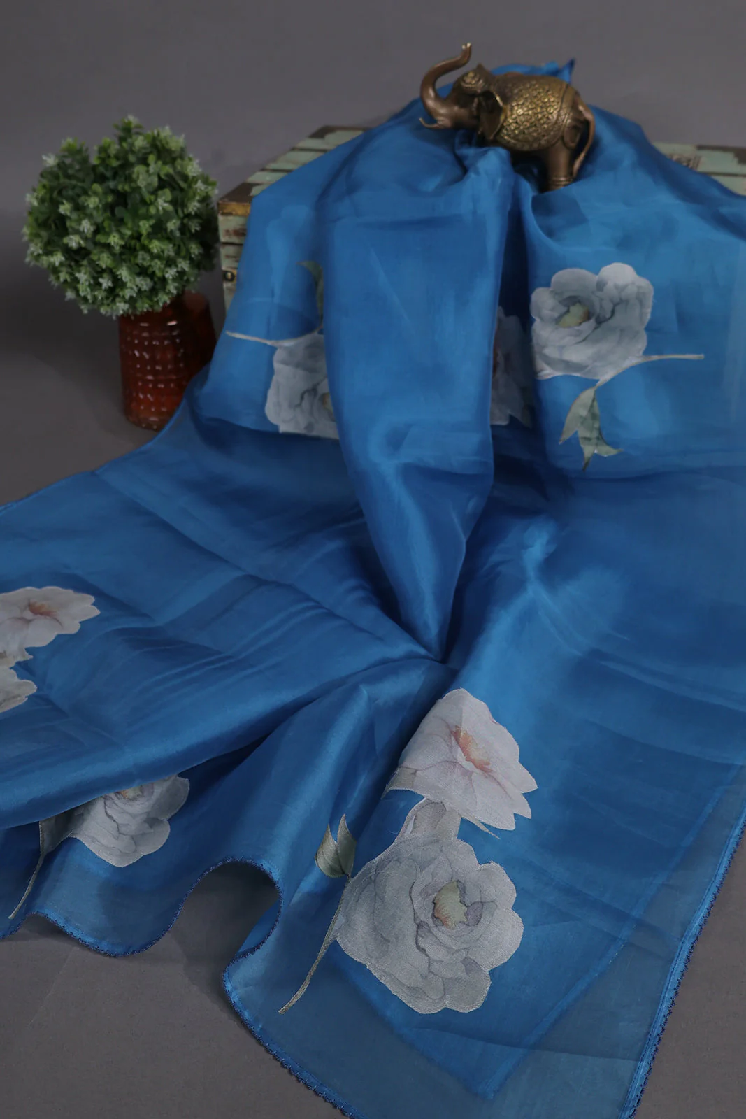 Blue Organza Semi Stitched Suit - Image 3