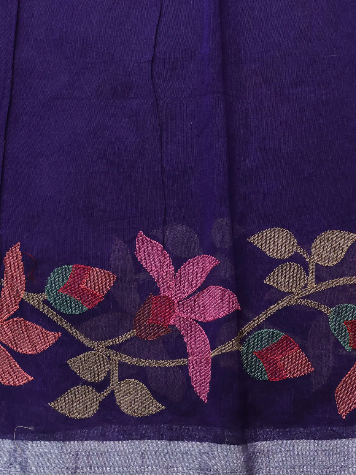 Blue Organza Silk Saree With Allover Floarl Embroidery & Silver Zari Border - Image 4