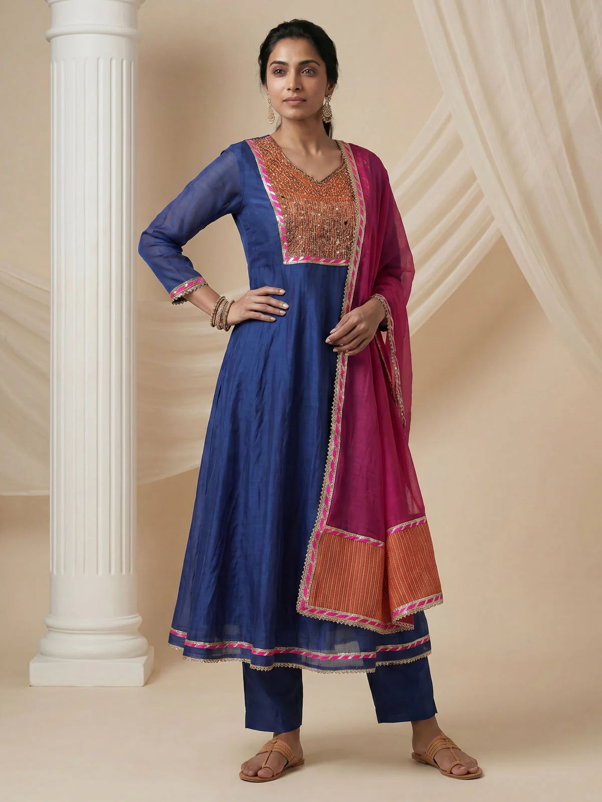 Blue-Pink Mul Chanderi Anarkali Suit - Image 2