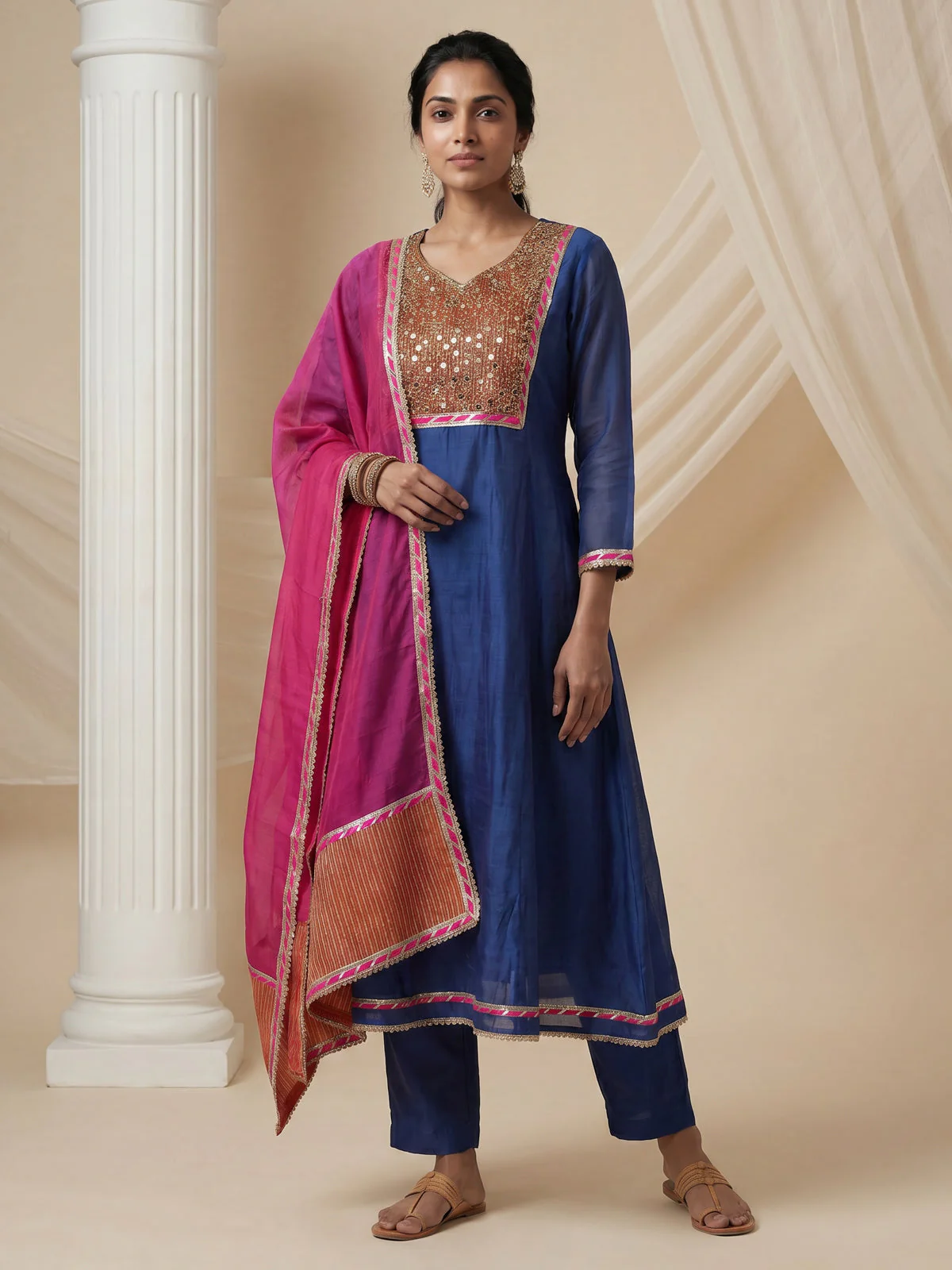 Blue-Pink Mul Chanderi Anarkali Suit - Image 3
