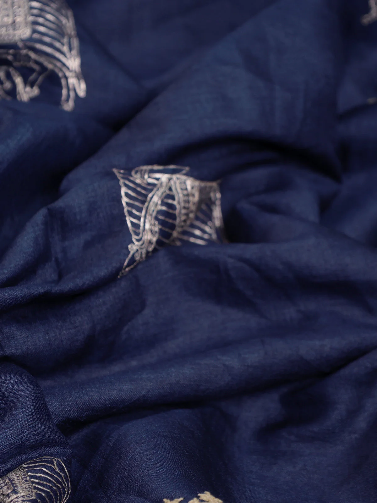 Blue Pure Tussar Silk Saree With Allover Kutch Embroidery & Pita Work - Image 3