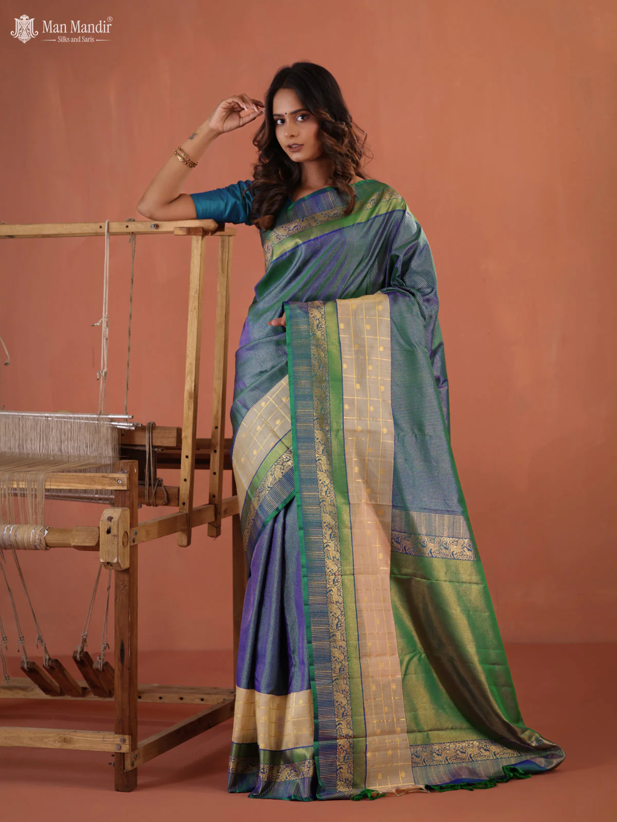 Bluish Green Kanchipuram Silk Saree - Image 2