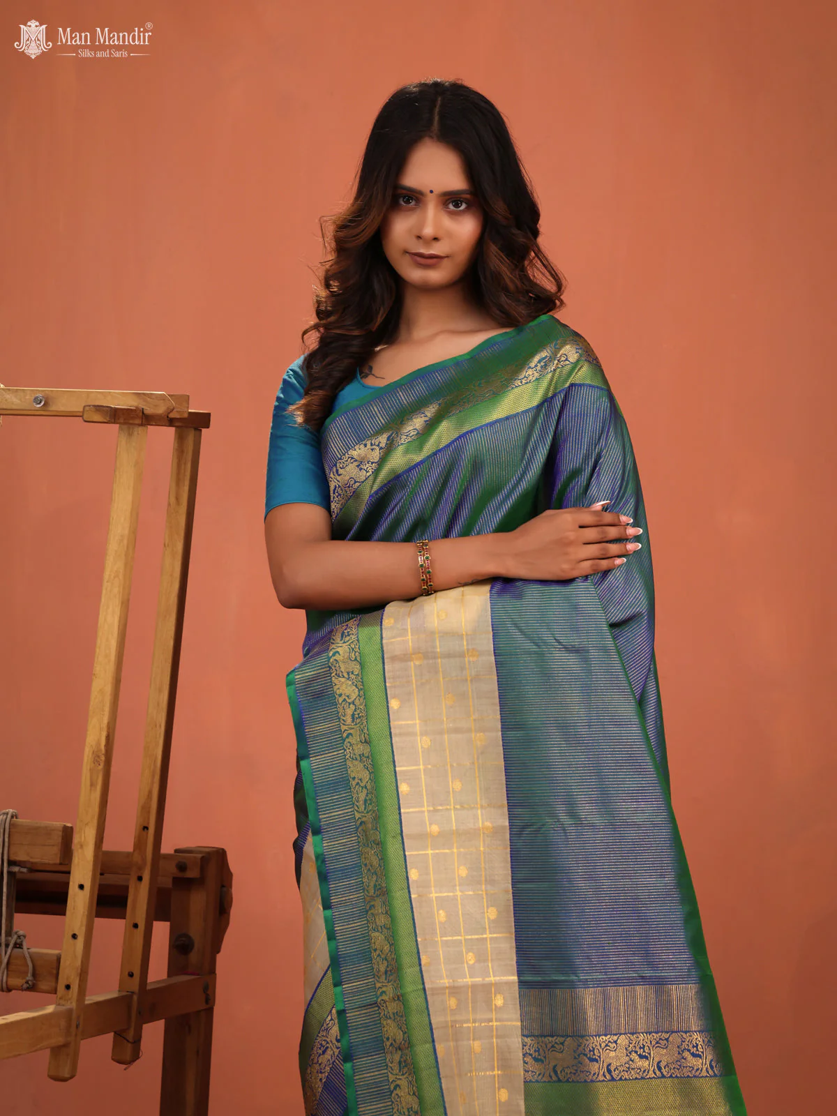 Bluish Green Kanchipuram Silk Saree - Image 5