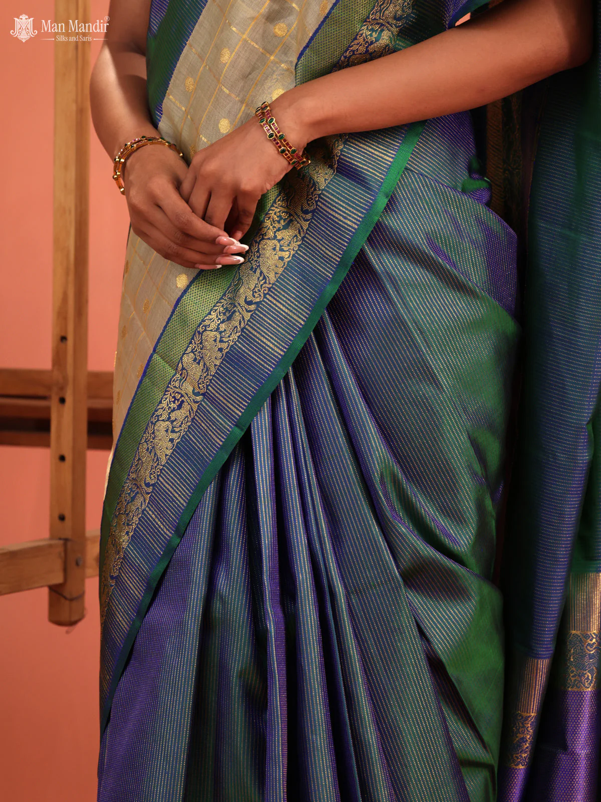 Bluish Green Kanchipuram Silk Saree - Image 6