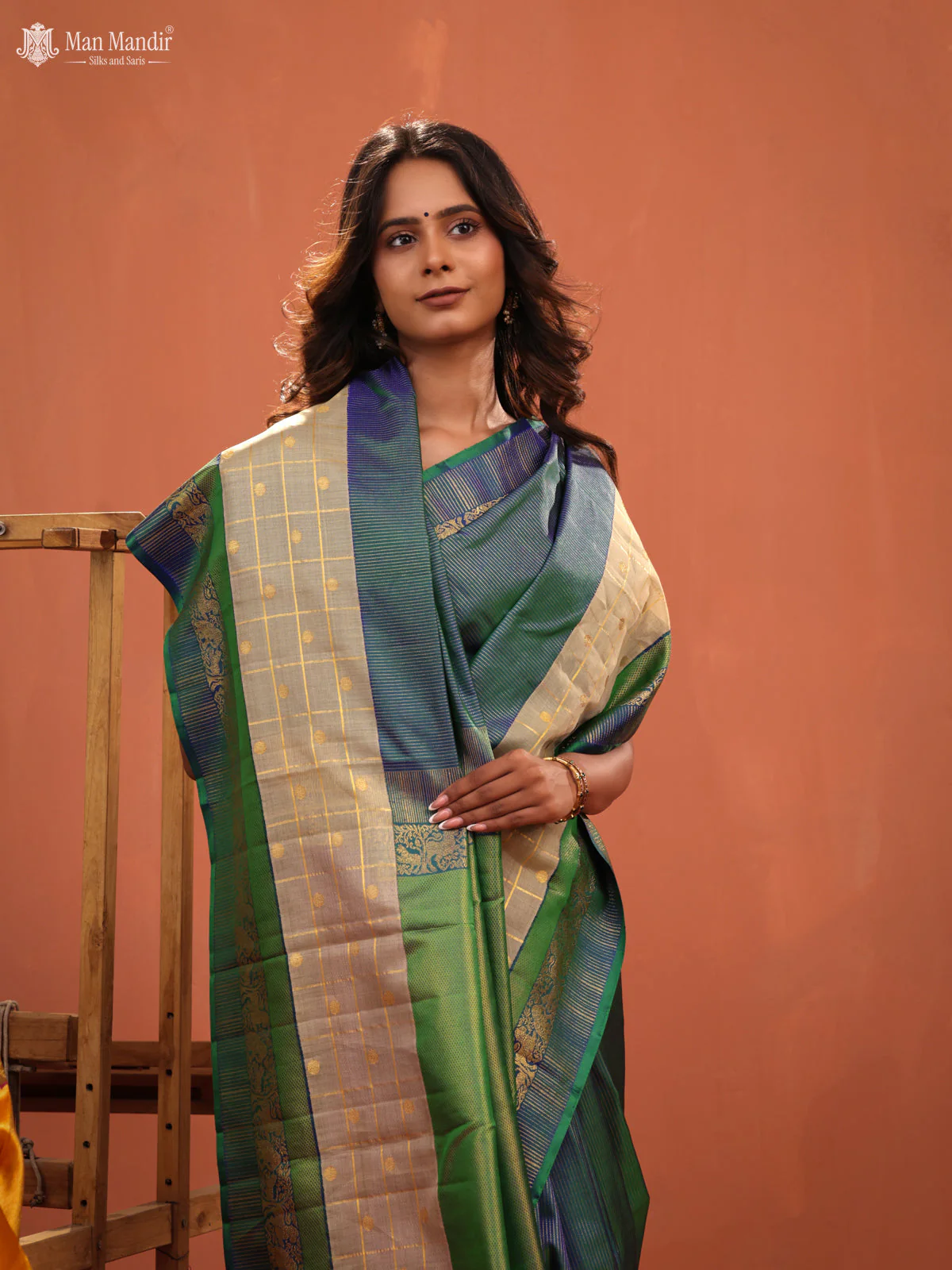Bluish Green Kanchipuram Silk Saree - Image 7