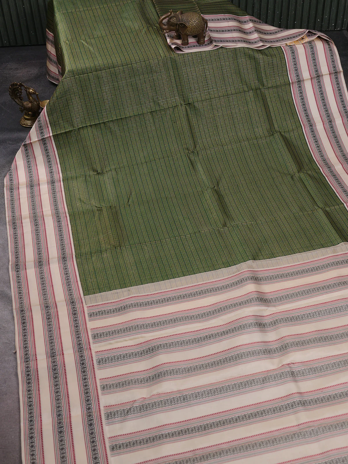 Bottle Green - Beige Kanchipuram Silk Saree - Image 2