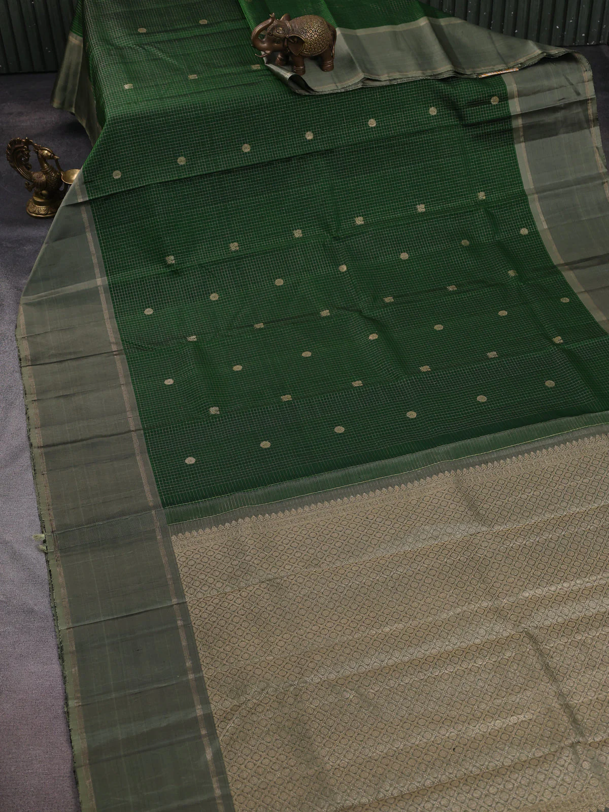 Bottle Green -Greyish Green Kanchipuram Silk Saree - Image 2