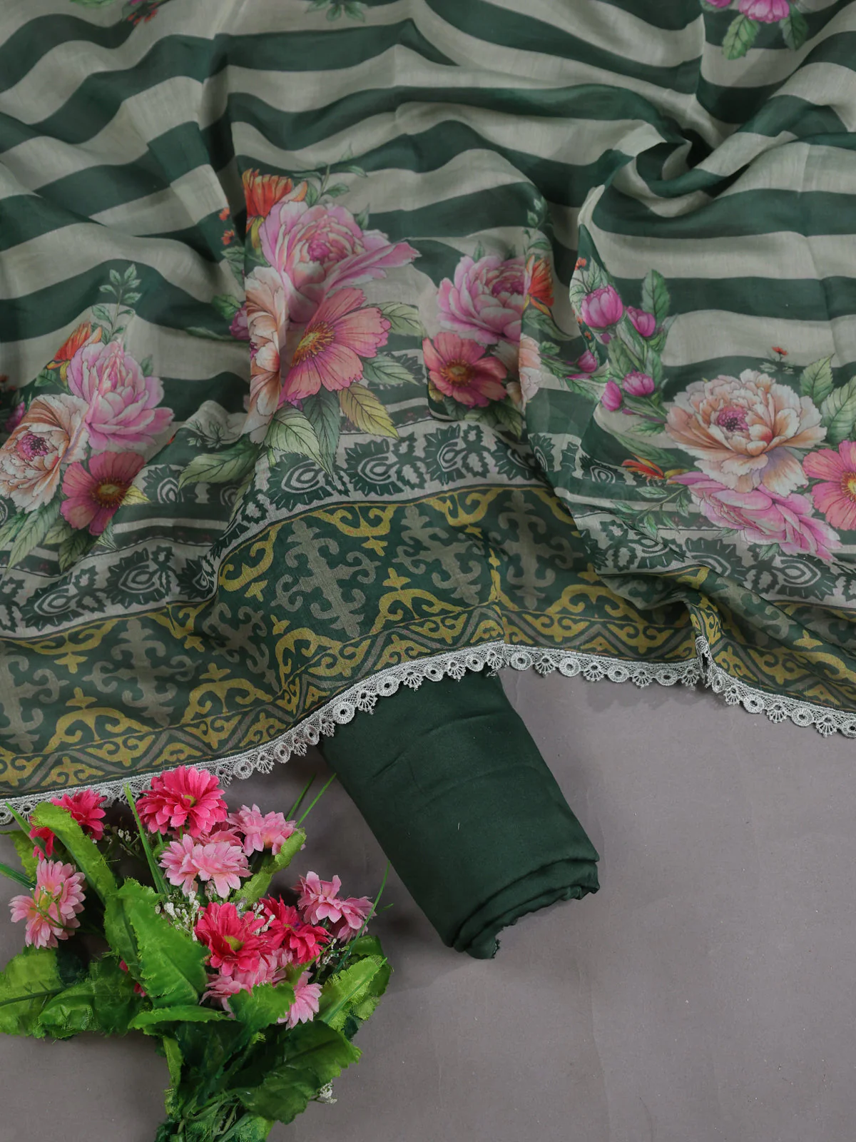 Bottle Green Mul Chanderi Unstitched Suit - Image 2