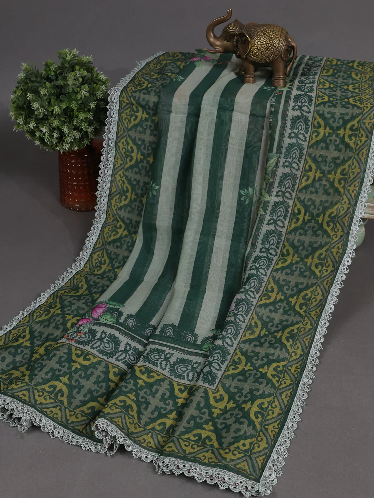 Bottle Green Mul Chanderi Unstitched Suit - Image 3