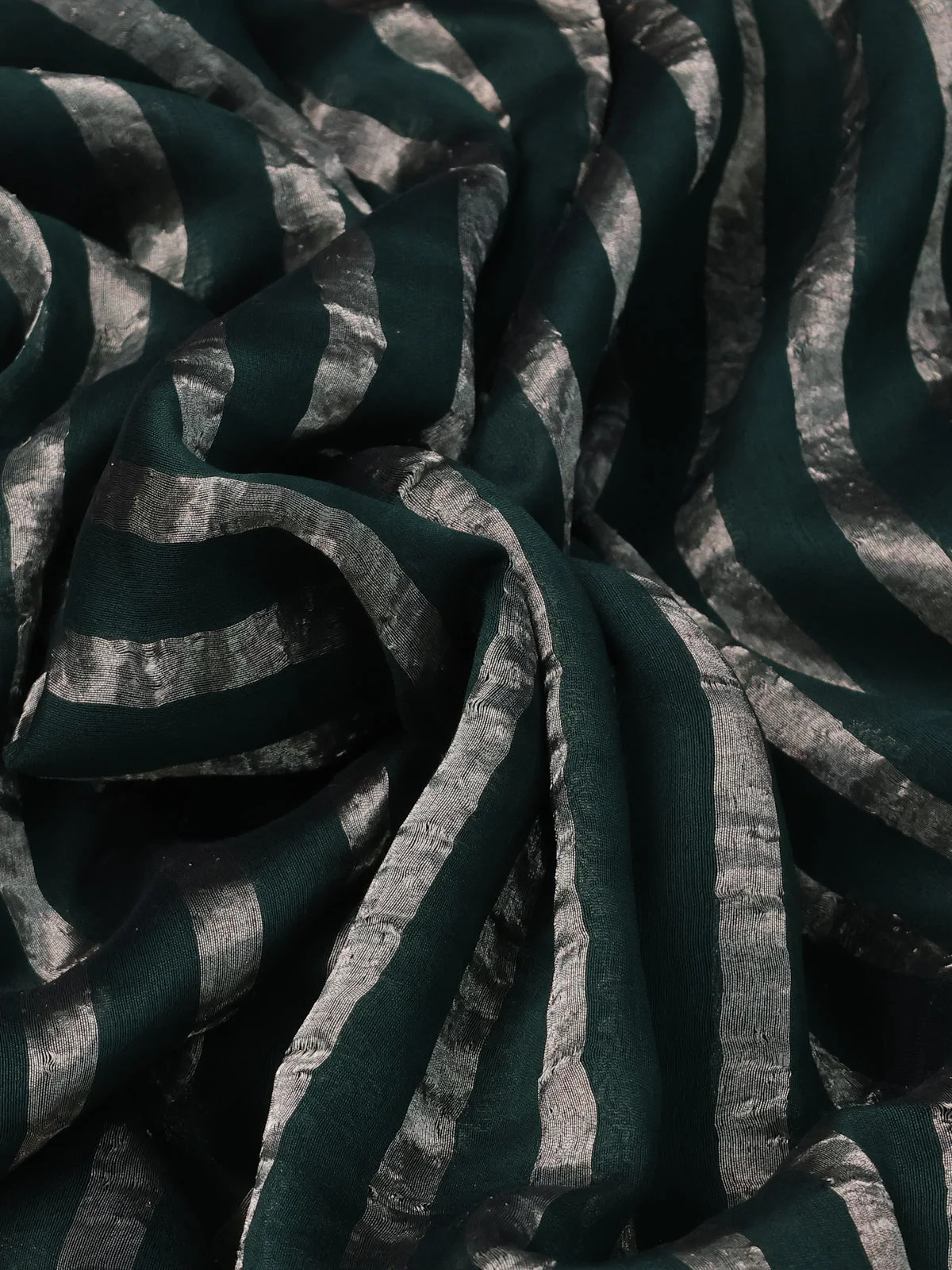 Bottle Green Pure Organza Silk Saree With Zari Stripes & Sequin Work Border - Image 3