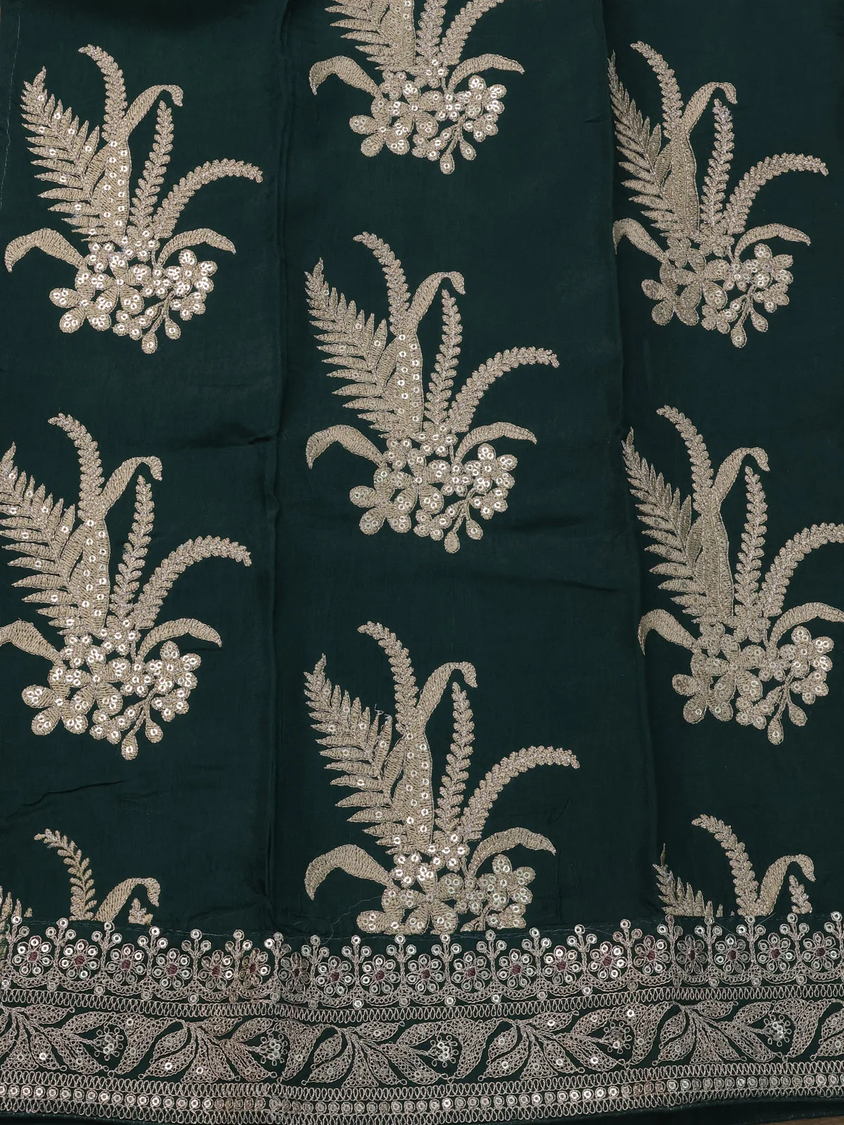 Bottle Green Pure Organza Silk Saree With Zari Stripes & Sequin Work Border - Image 4
