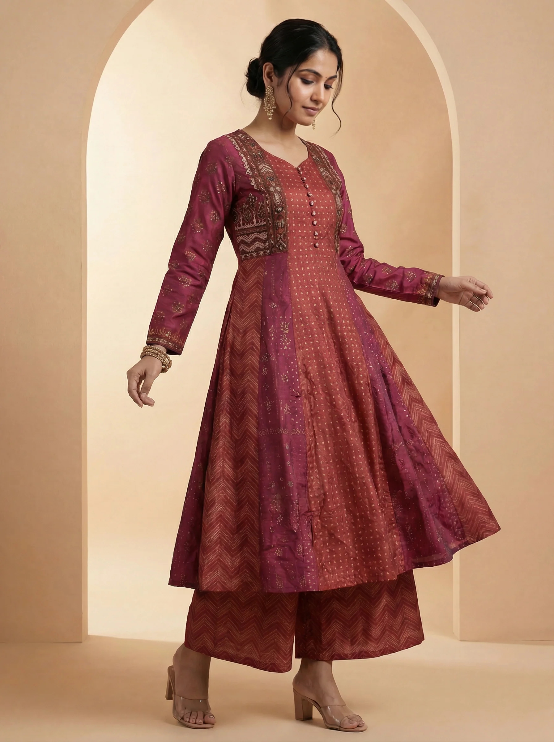 Brown & Dark Pink Silk Anarkali Top With Embroidery & Sharara Pant - Image 2