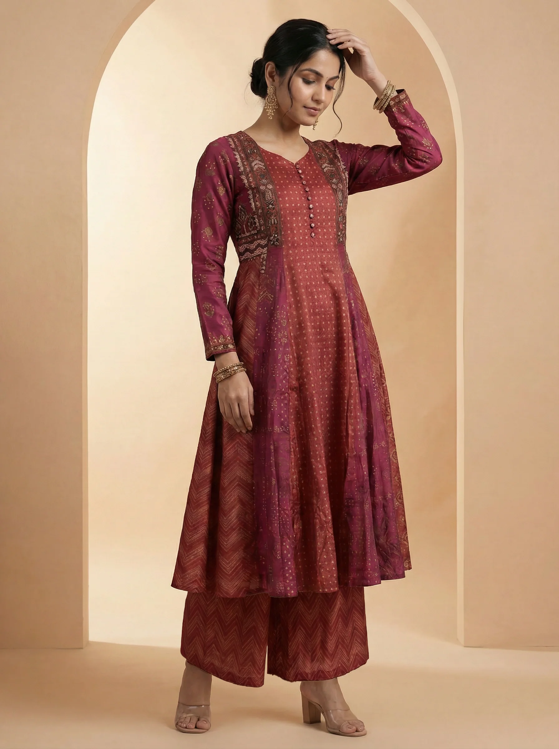 Brown & Dark Pink Silk Anarkali Top With Embroidery & Sharara Pant - Image 3