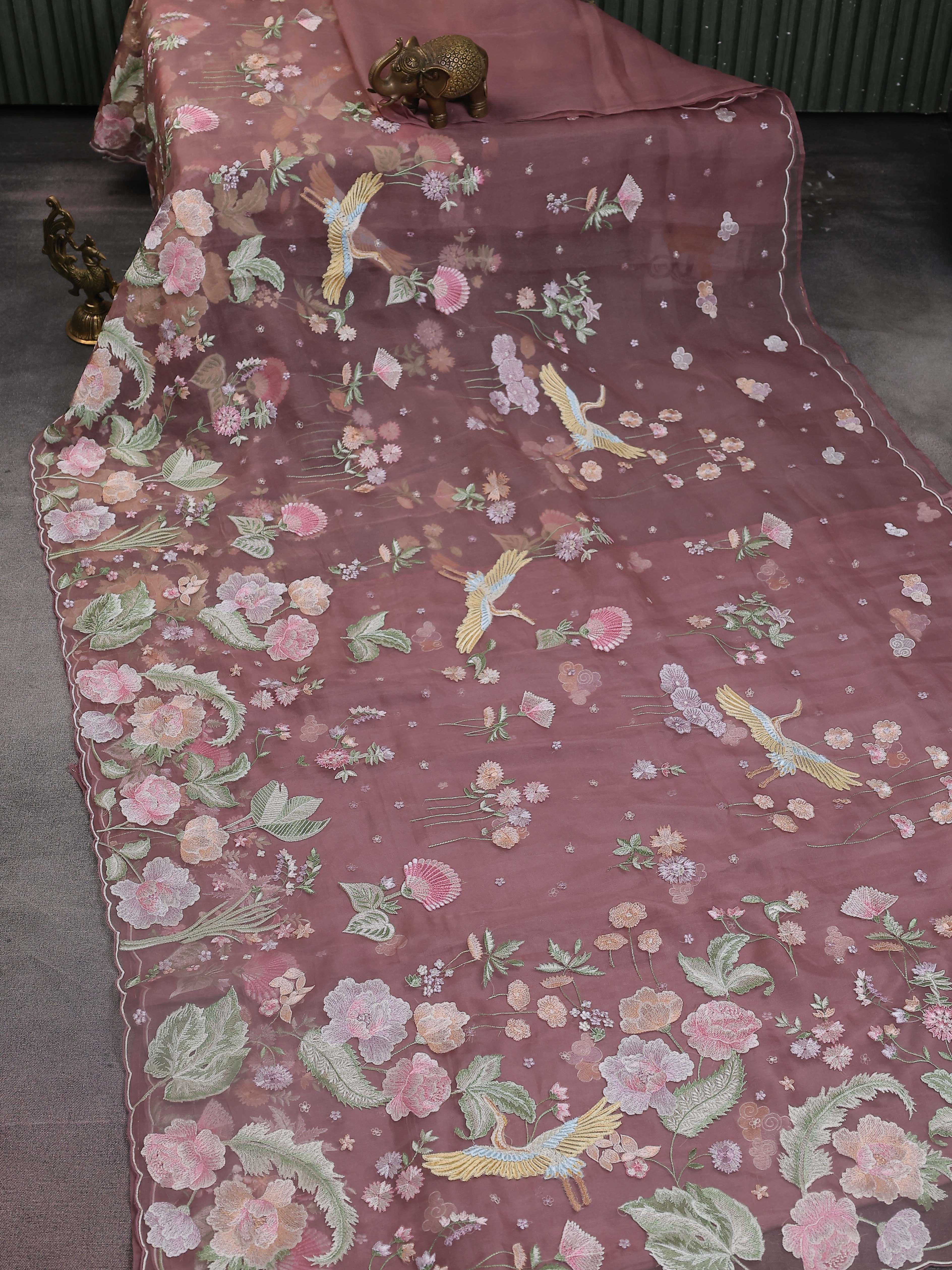 Brown Organza Silk Saree With Embroidery - Image 2