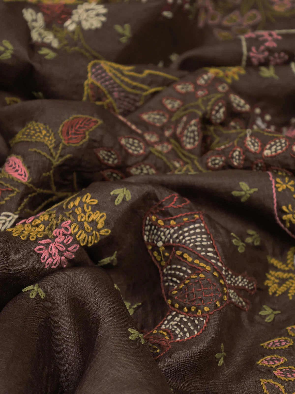 Brown Pure Tussar Silk Saree With Allover Kutch Embroidery - Image 3
