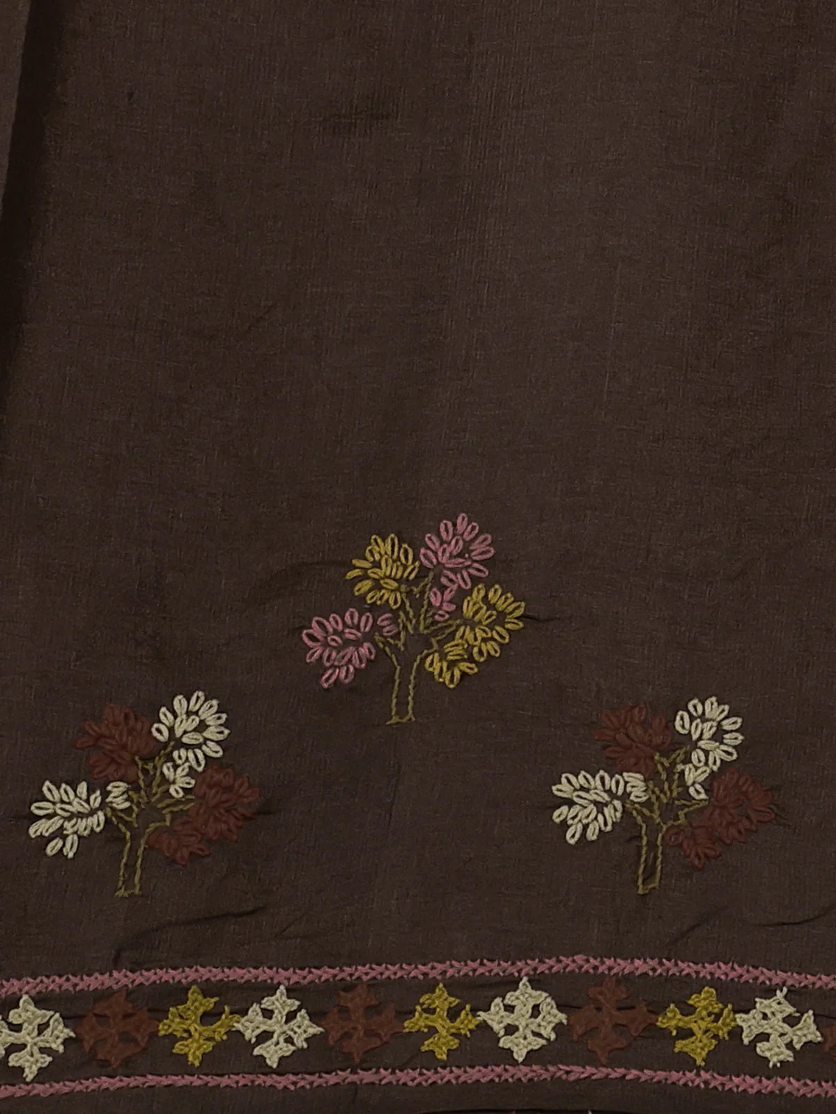 Brown Pure Tussar Silk Saree With Allover Kutch Embroidery - Image 4