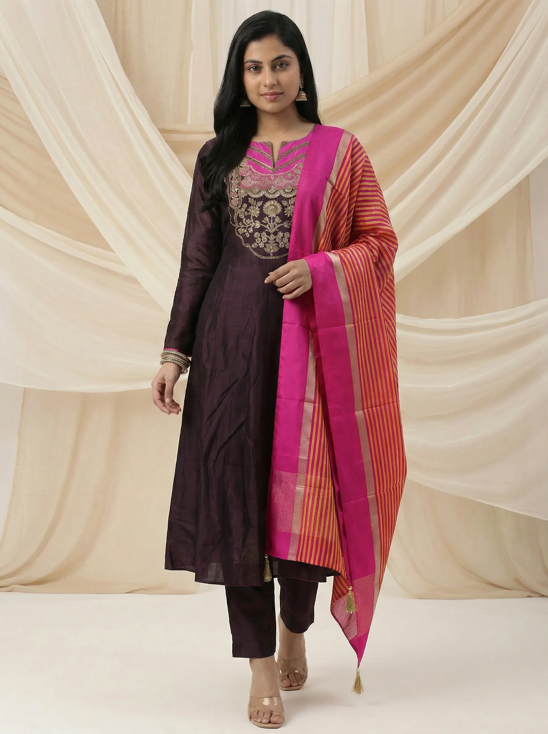 Brown Tussar Anarakali Suit With Zardosi And Sequins Hand Embroidery