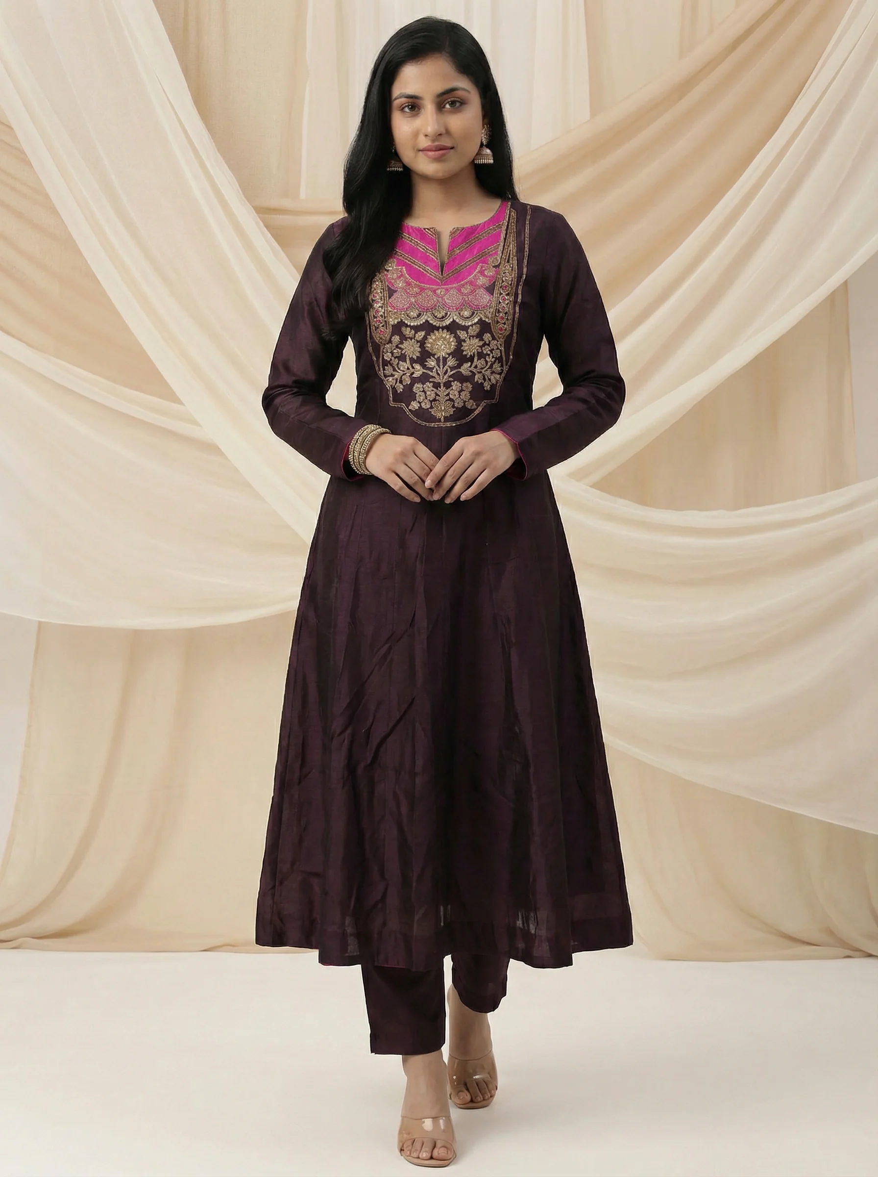 Brown Tussar Anarakali Suit With Zardosi And Sequins Hand Embroidery - Image 2
