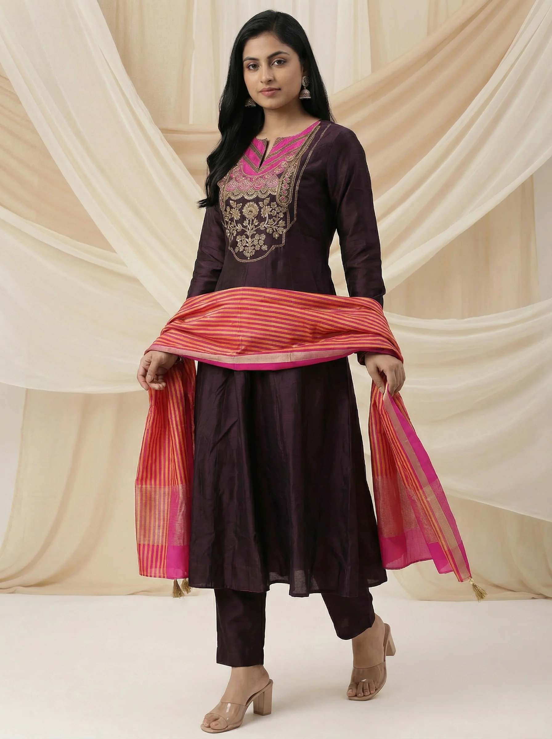 Brown Tussar Anarakali Suit With Zardosi And Sequins Hand Embroidery - Image 3