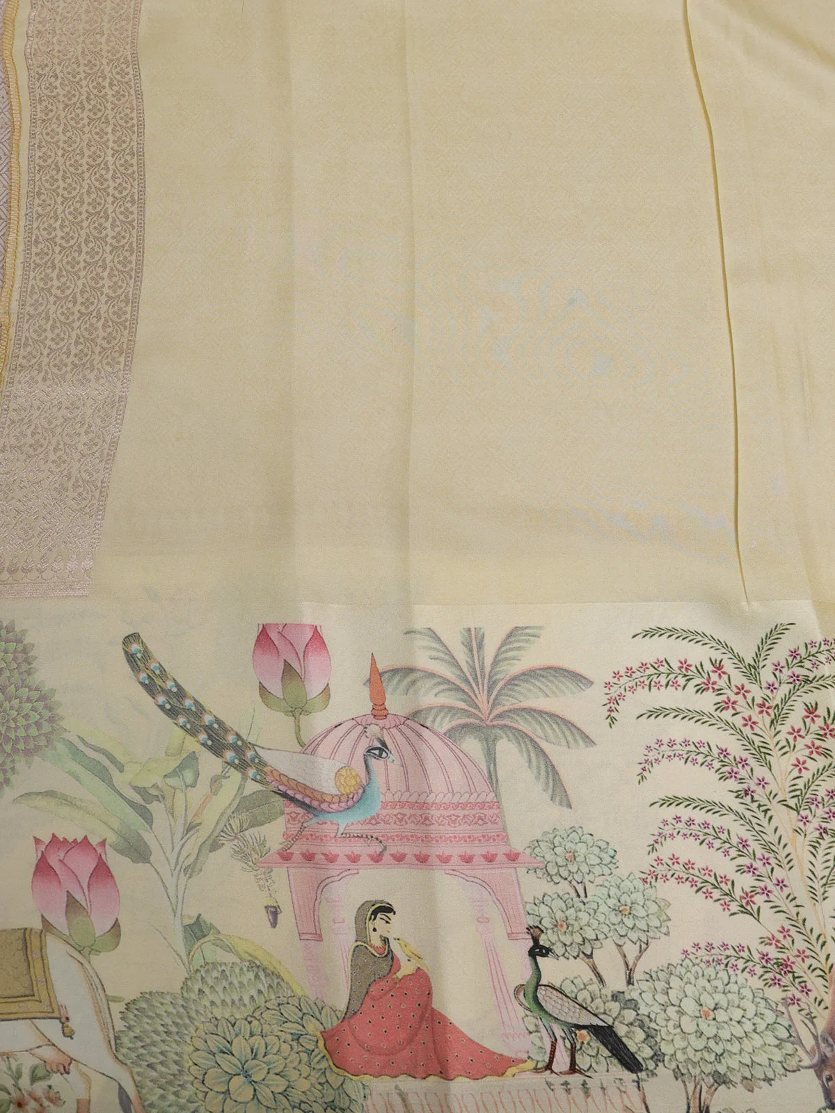 Cream Banarasi Silk Saree With Allover Zari Weaves & Satin Border Prints - Image 4