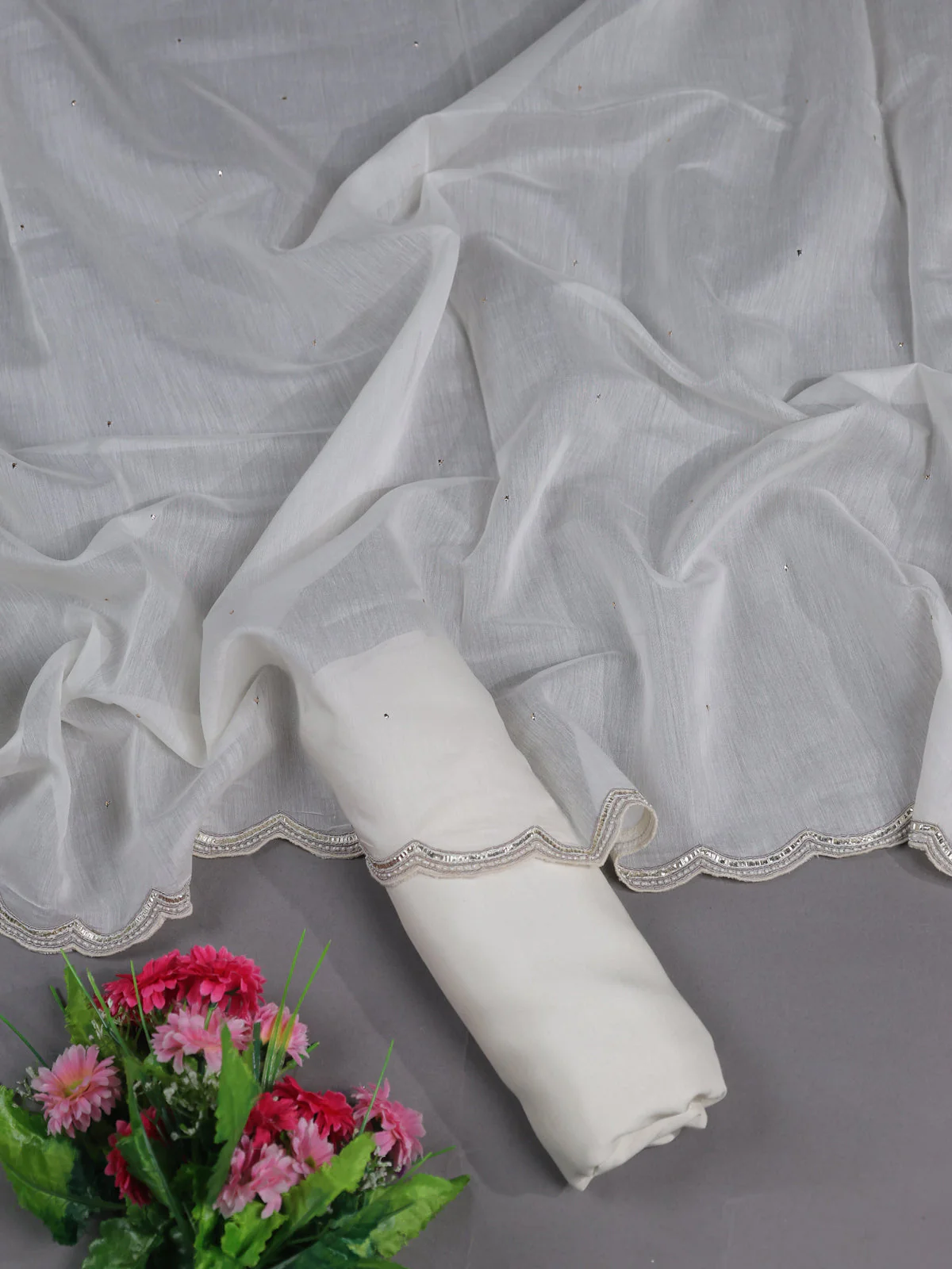 Cream Mul Chanderi Semi Stitched Suit - Image 2