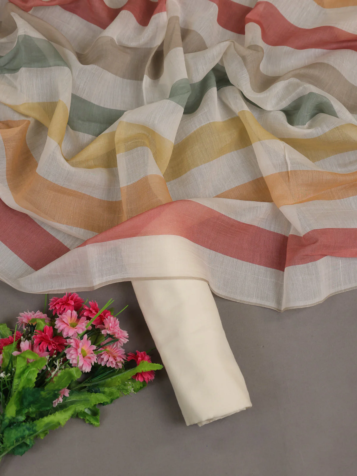 Cream Mul Chanderi Unstitched Suit - Image 2