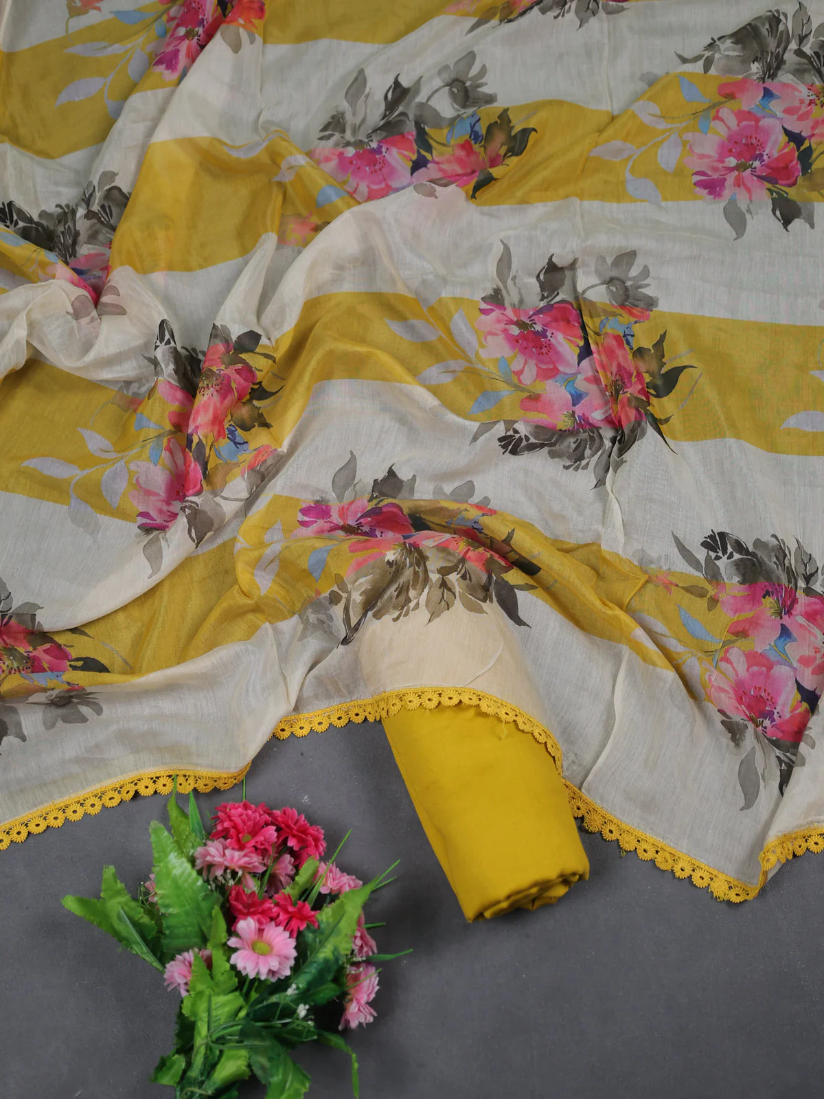 Cream - Mustard Yellow Mul Chanderi Unstitched Suit - Image 2