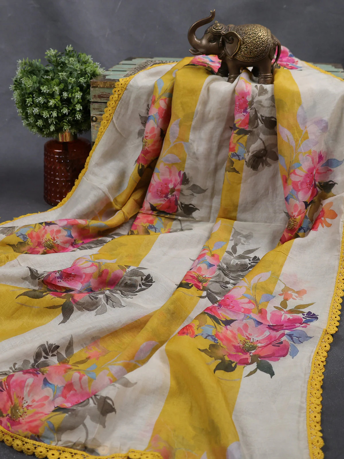 Cream - Mustard Yellow Mul Chanderi Unstitched Suit - Image 3